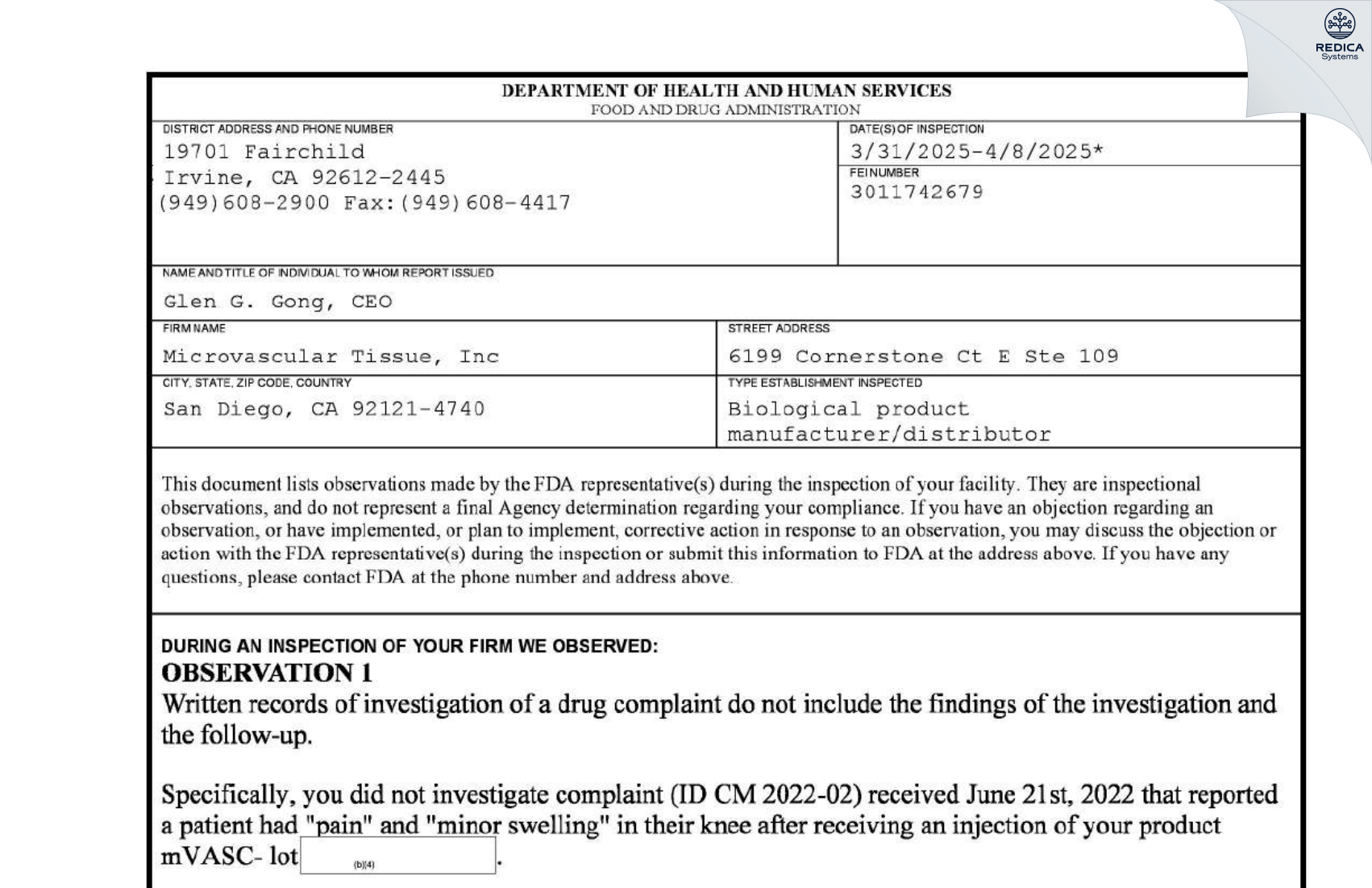FDA 483 - Microvascular Tissue, Inc [San Diego / United States of America] - Download PDF - Redica Systems