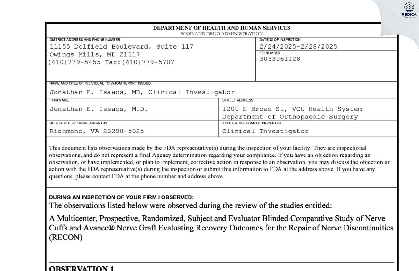 FDA 483 - Jonathan E. Isaacs, M.D. [Richmond / United States of America] - Download PDF - Redica Systems