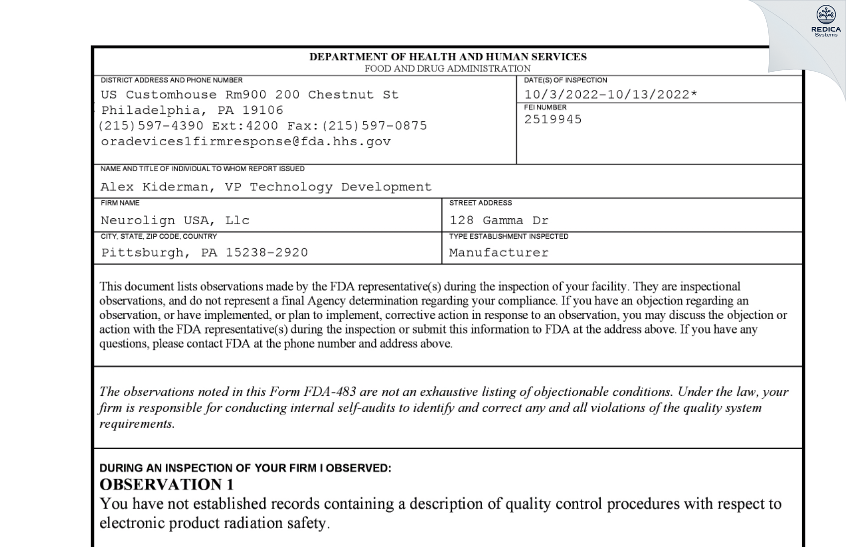 FDA 483 - Neurolign USA, Llc [Pittsburgh / United States of America] - Download PDF - Redica Systems