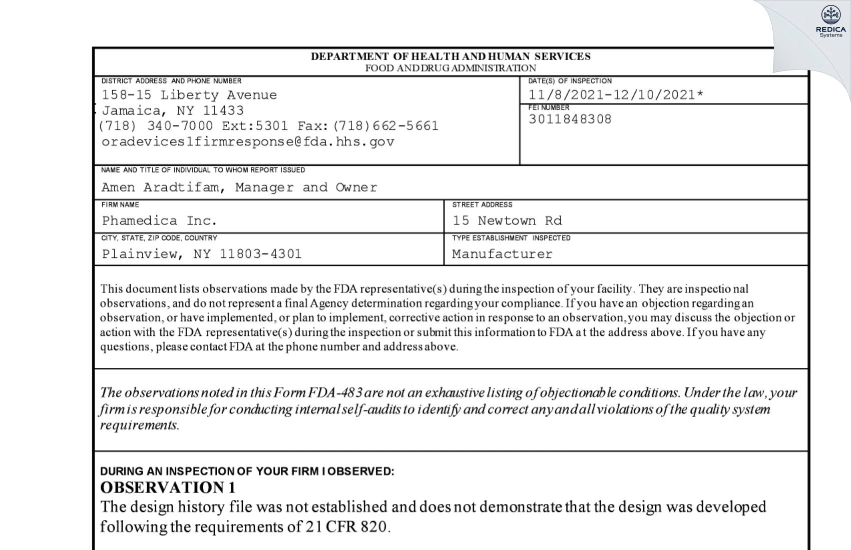 FDA 483 - Phamedica Inc. [Plainview / United States of America] - Download PDF - Redica Systems