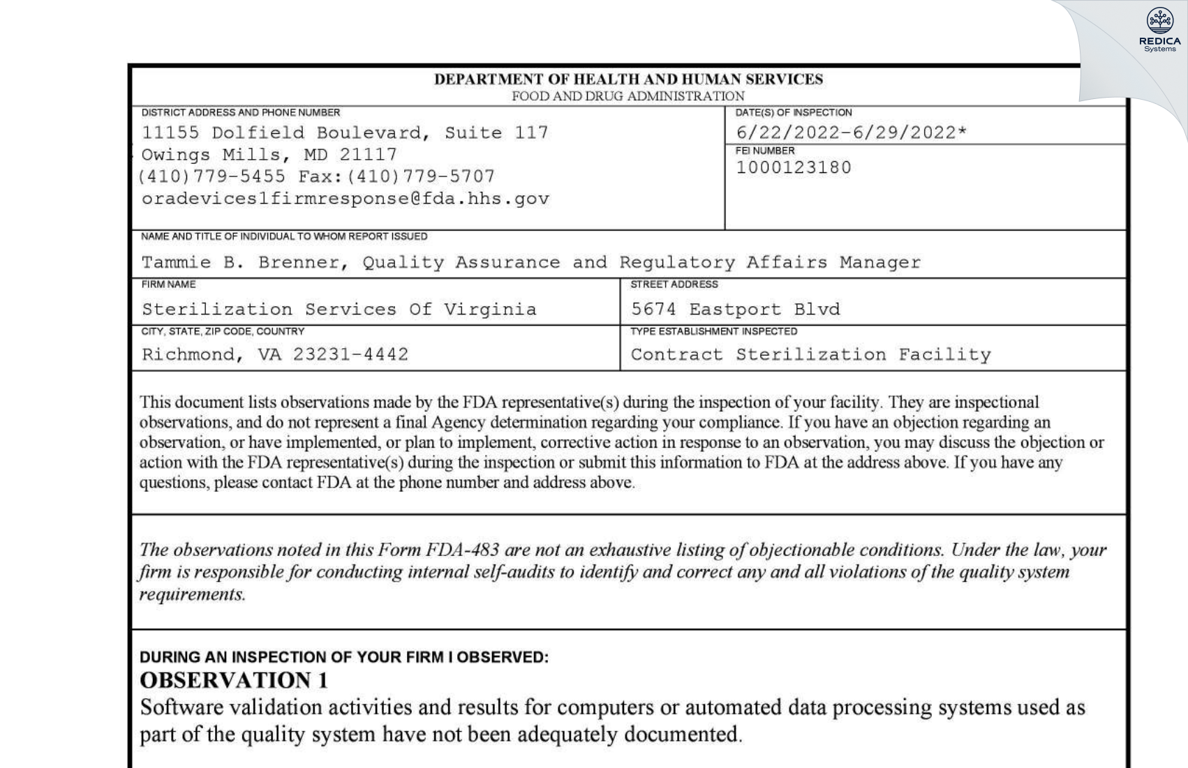FDA 483 - Sterilization Services of Virginia [Henrico / United States of America] - Download PDF - Redica Systems