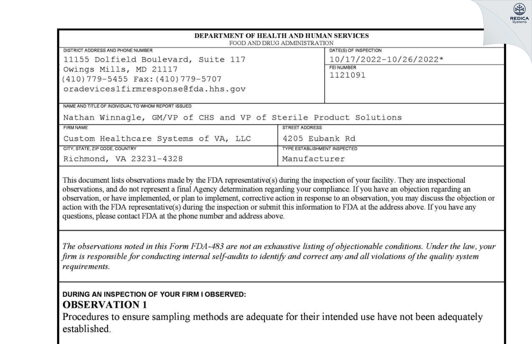 FDA 483 - Custom Healthcare Systems of VA, LLC [Henrico / United States of America] - Download PDF - Redica Systems