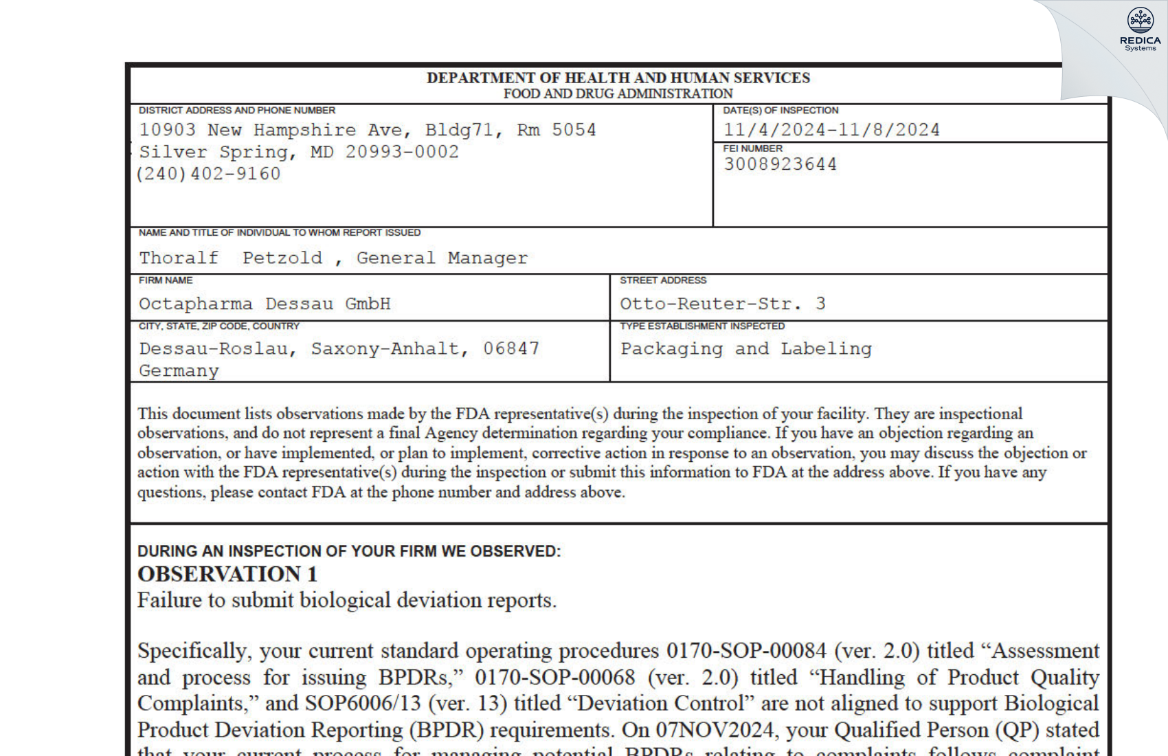 FDA 483 - Octapharma Dessau GmbH [Dessau-Rosslau / Germany] - Download PDF - Redica Systems