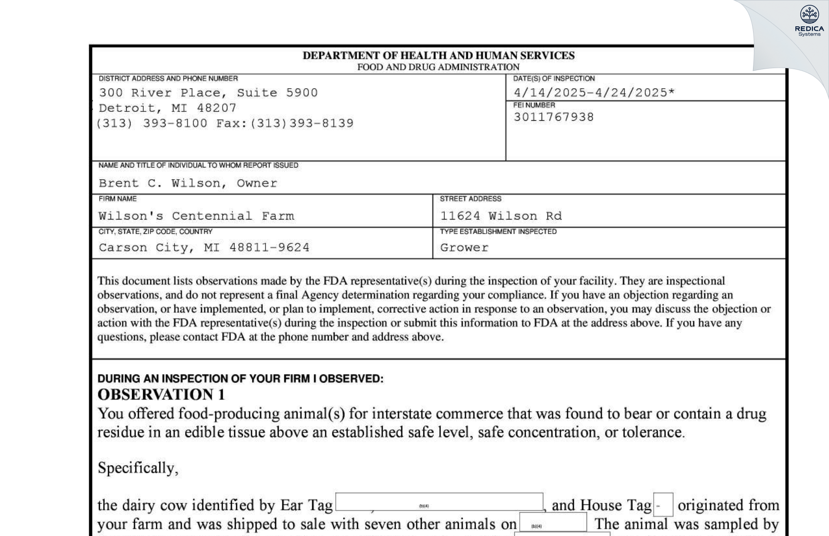 FDA 483 - Wilson's Centennial Farm [Carson City / United States of America] - Download PDF - Redica Systems