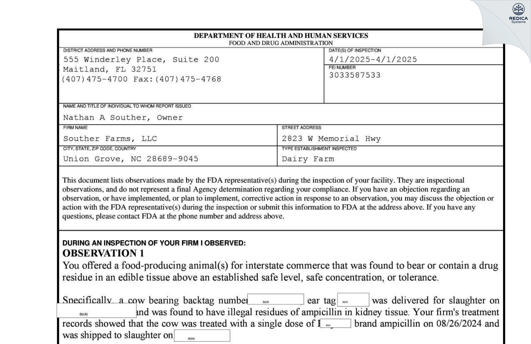 FDA 483 - Souther Farms, LLC [Union Grove / United States of America] - Download PDF - Redica Systems