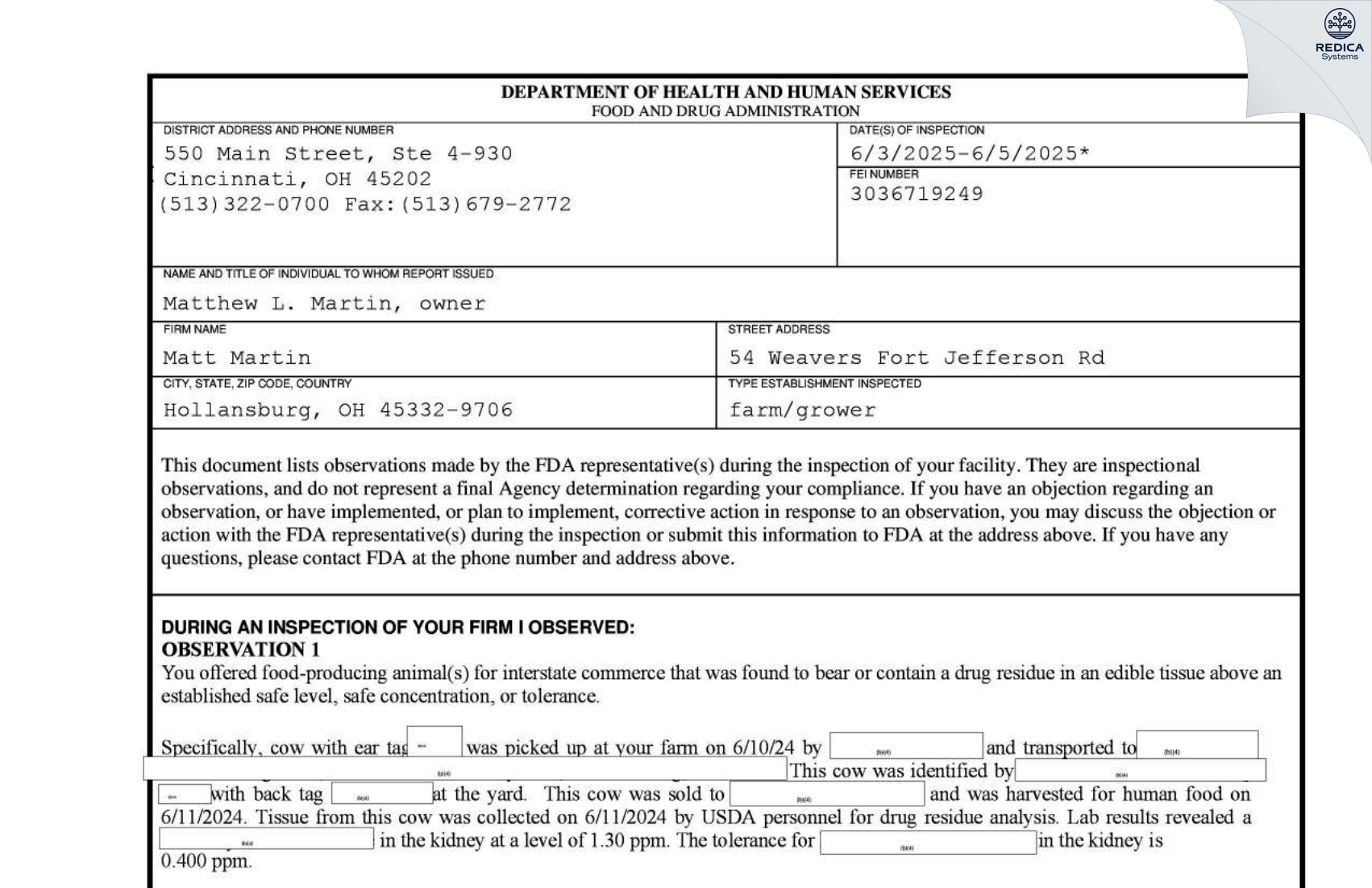 FDA 483 - Matt Martin [Hollansburg / United States of America] - Download PDF - Redica Systems