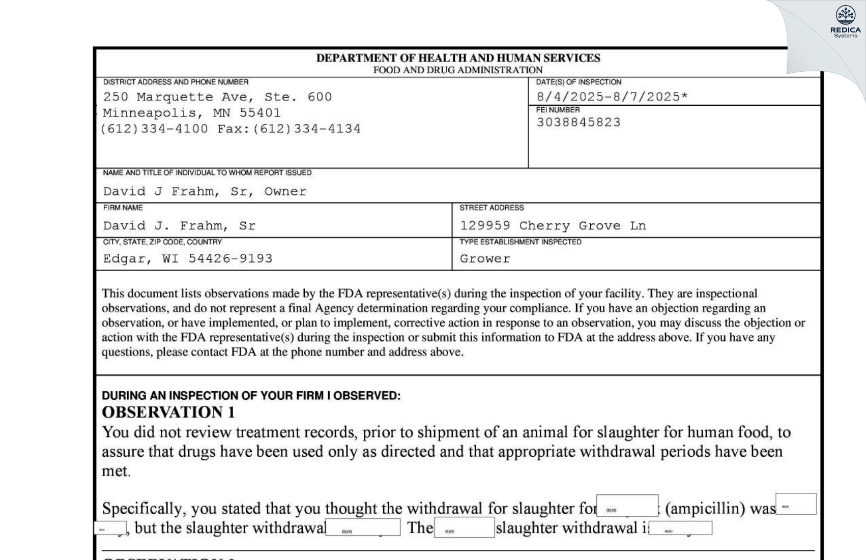 FDA 483 - David J. Frahm, Sr [Edgar / United States of America] - Download PDF - Redica Systems