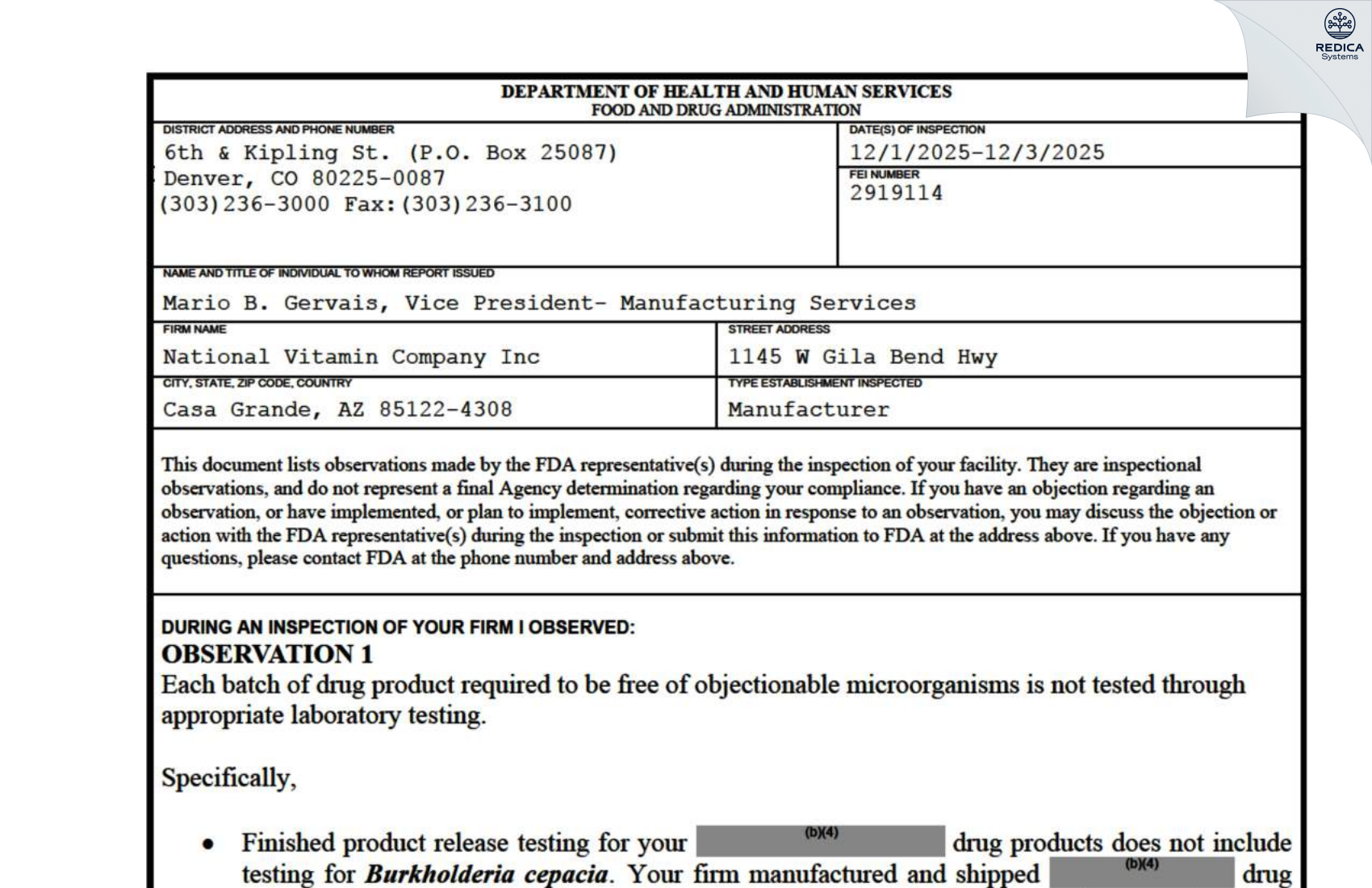 FDA 483 - NATIONAL VITAMIN COMPANY [Casa Grande / United States of America] - Download PDF - Redica Systems