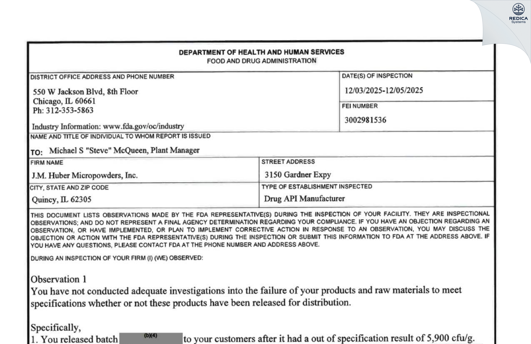 FDA 483 - J.M. Huber Micropowders, Inc. [Quincy / United States of America] - Download PDF - Redica Systems
