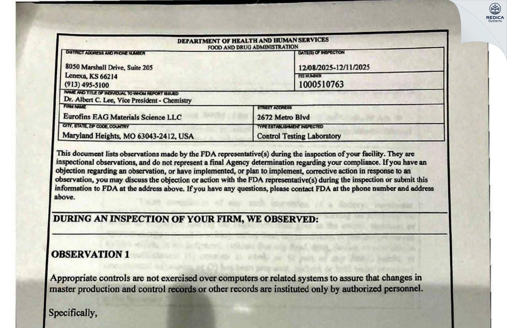 FDA 483 - Eurofins EAG Materials Science, LLC [Maryland Heights / United States of America] - Download PDF - Redica Systems