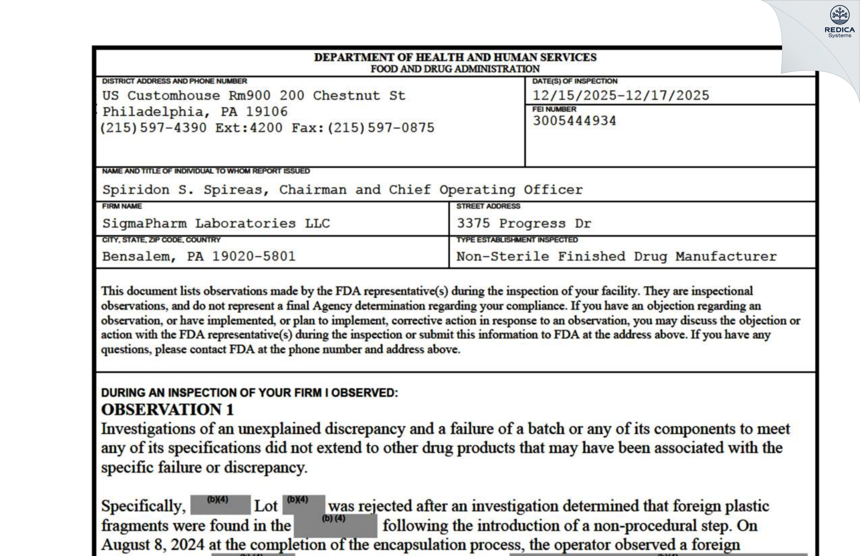 FDA 483 - Sigmapharm Laboratories, LLC [Bensalem / United States of America] - Download PDF - Redica Systems