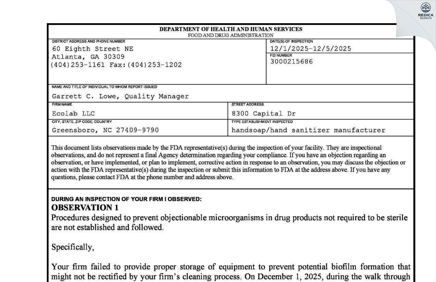 FDA 483 - Kay Chemical Company [Greensboro / United States of America] - Download PDF - Redica Systems