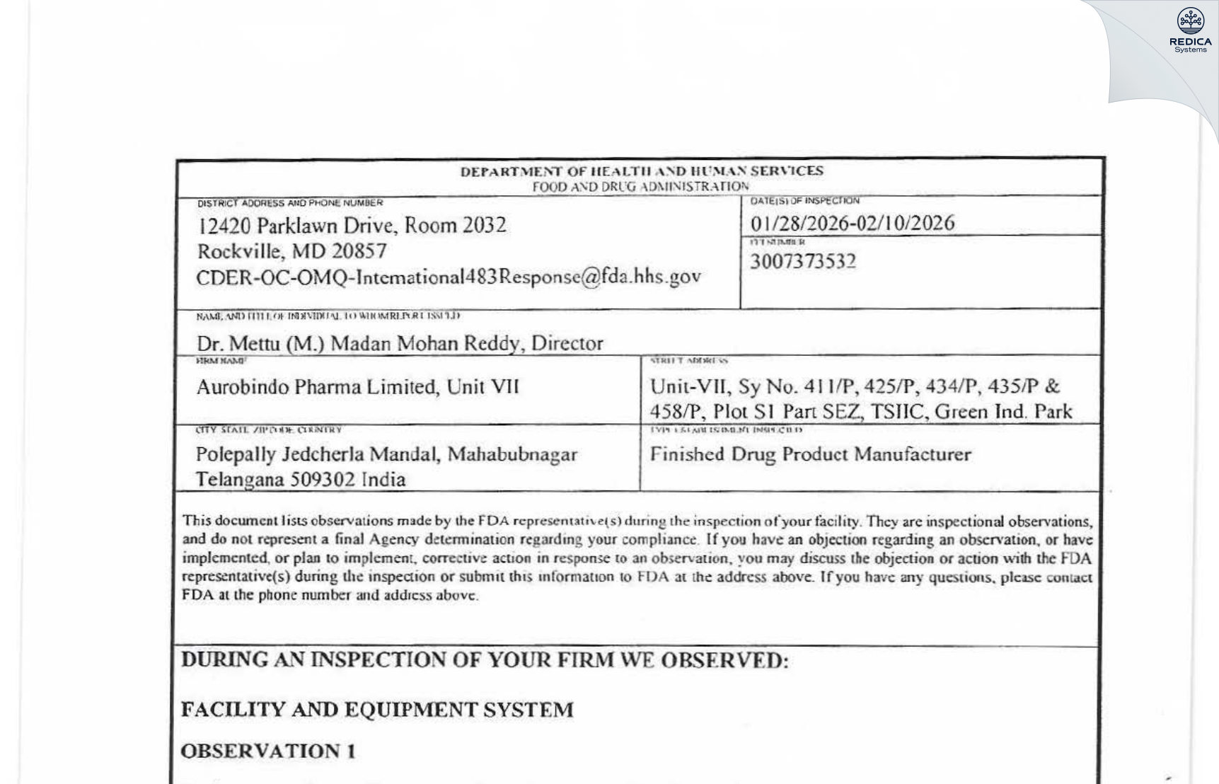 FDA 483 - Aurobindo Pharma Limited [Jadcherla / India] - Download PDF - Redica Systems