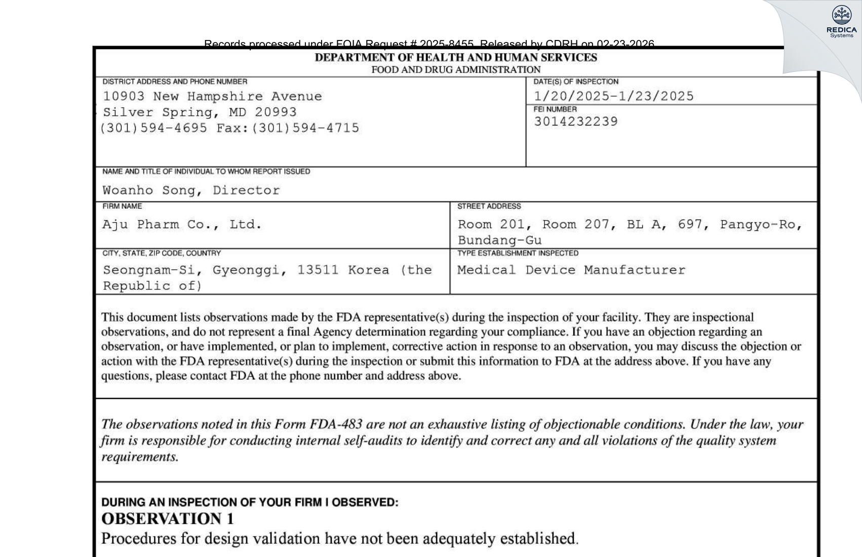 FDA 483 - AJU PHARM CO., LTD. [Bundang-Gu / Korea (Republic of)] - Download PDF - Redica Systems