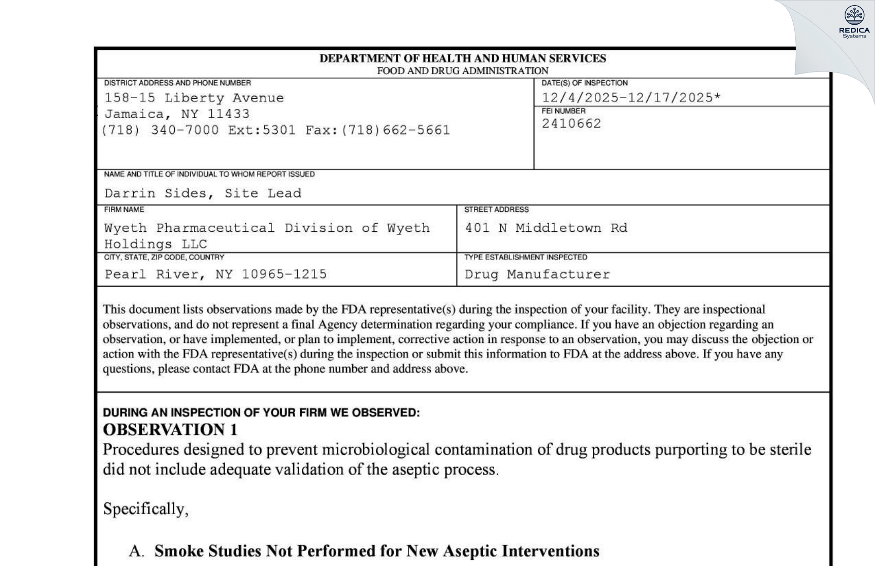 FDA 483 - Wyeth Pharmaceutical Division of Wyeth Holdings LLC [Pearl River / United States of America] - Download PDF - Redica Systems