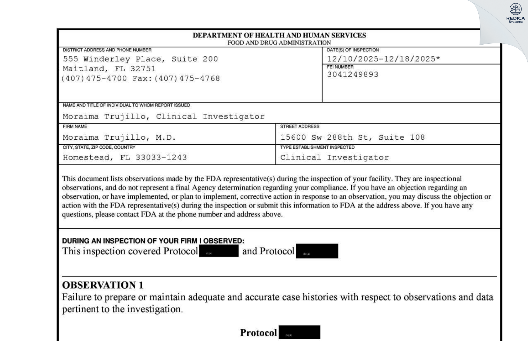 FDA 483 - Moraima Trujillo, M.D. [Homestead / United States of America] - Download PDF - Redica Systems
