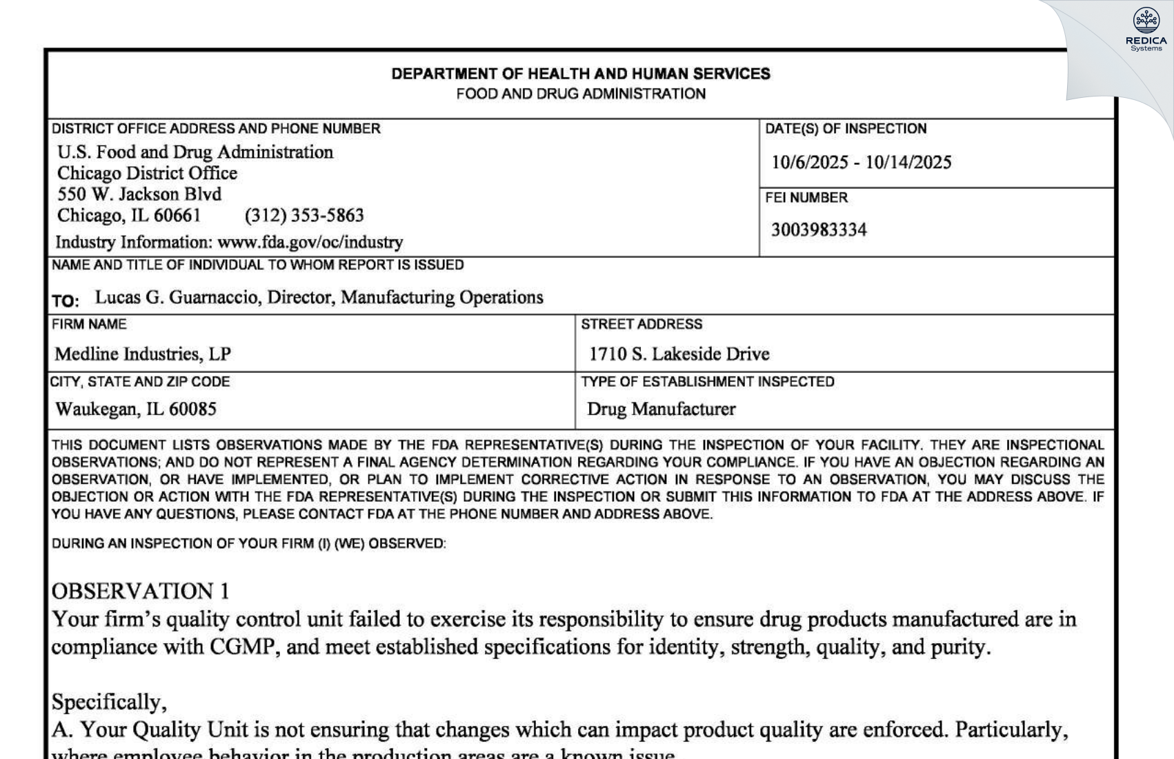 FDA 483 - Medline Industries, LP (f/k/a Medline Industries, Inc.) [Waukegan / United States of America] - Download PDF - Redica Systems
