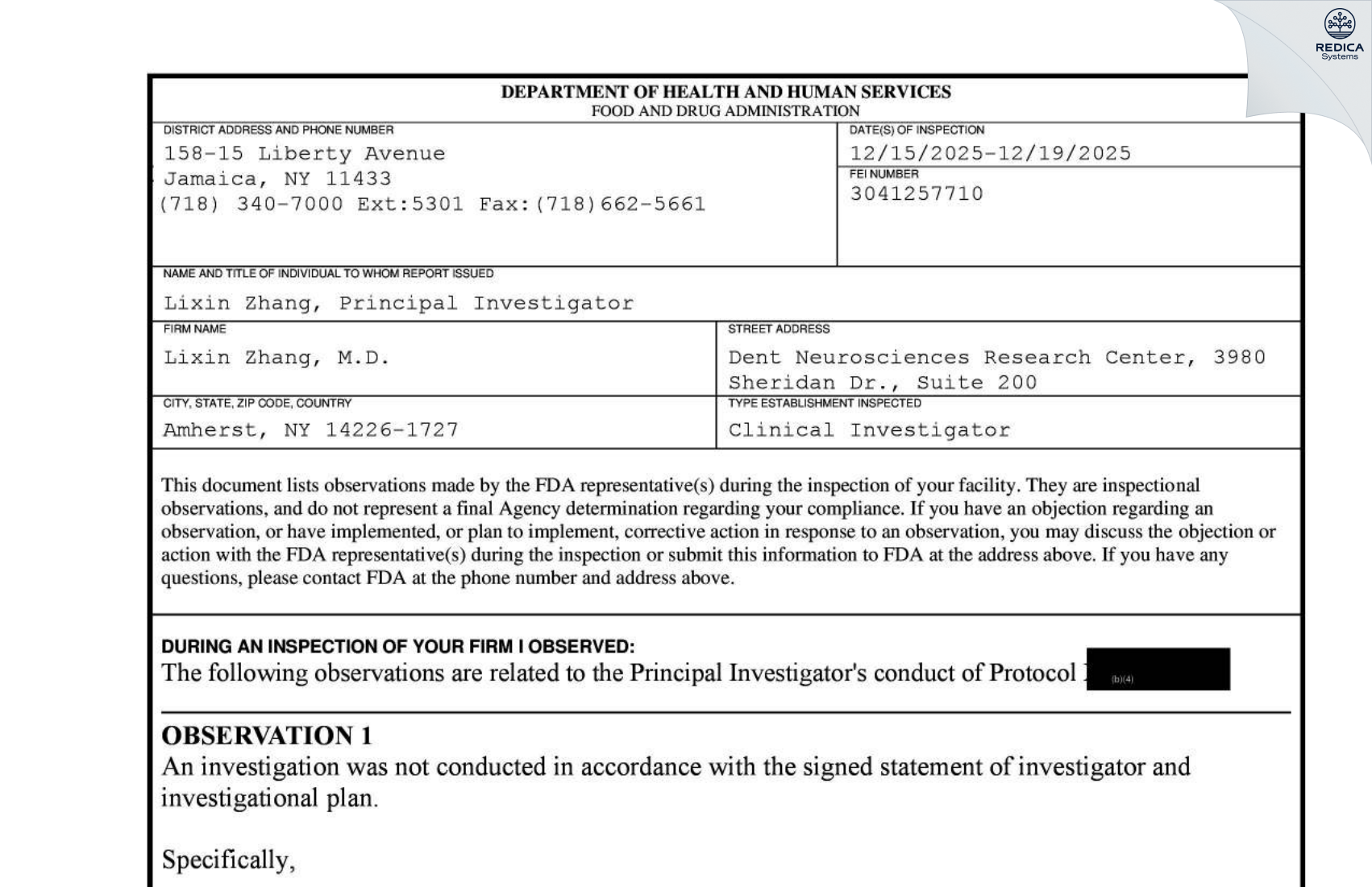 FDA 483 - Lixin Zhang, M.D. [Buffalo / United States of America] - Download PDF - Redica Systems
