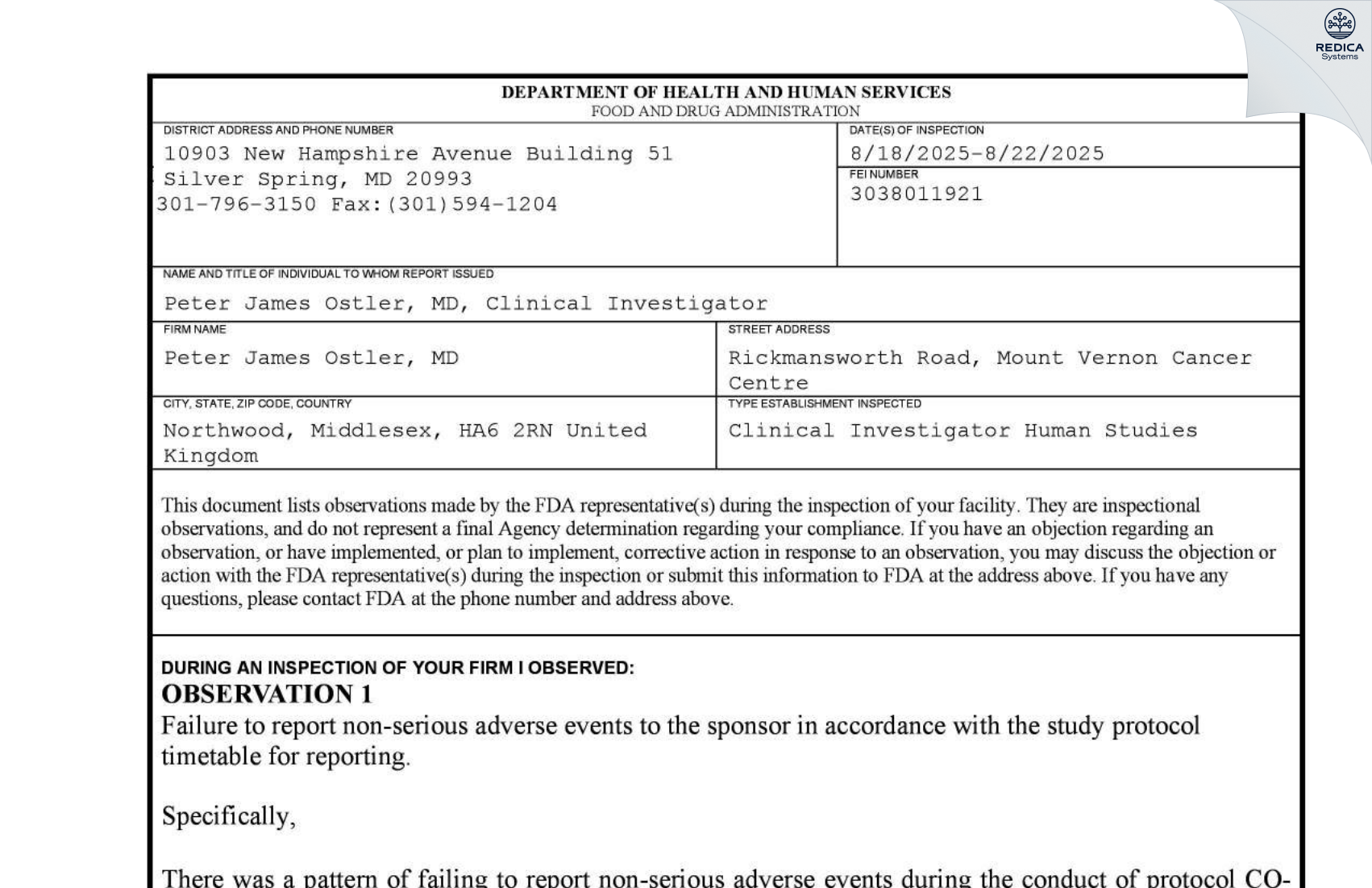 FDA 483 - Peter James Ostler [Rickmansworth / United Kingdom of Great Britain and Northern Ireland] - Download PDF - Redica Systems