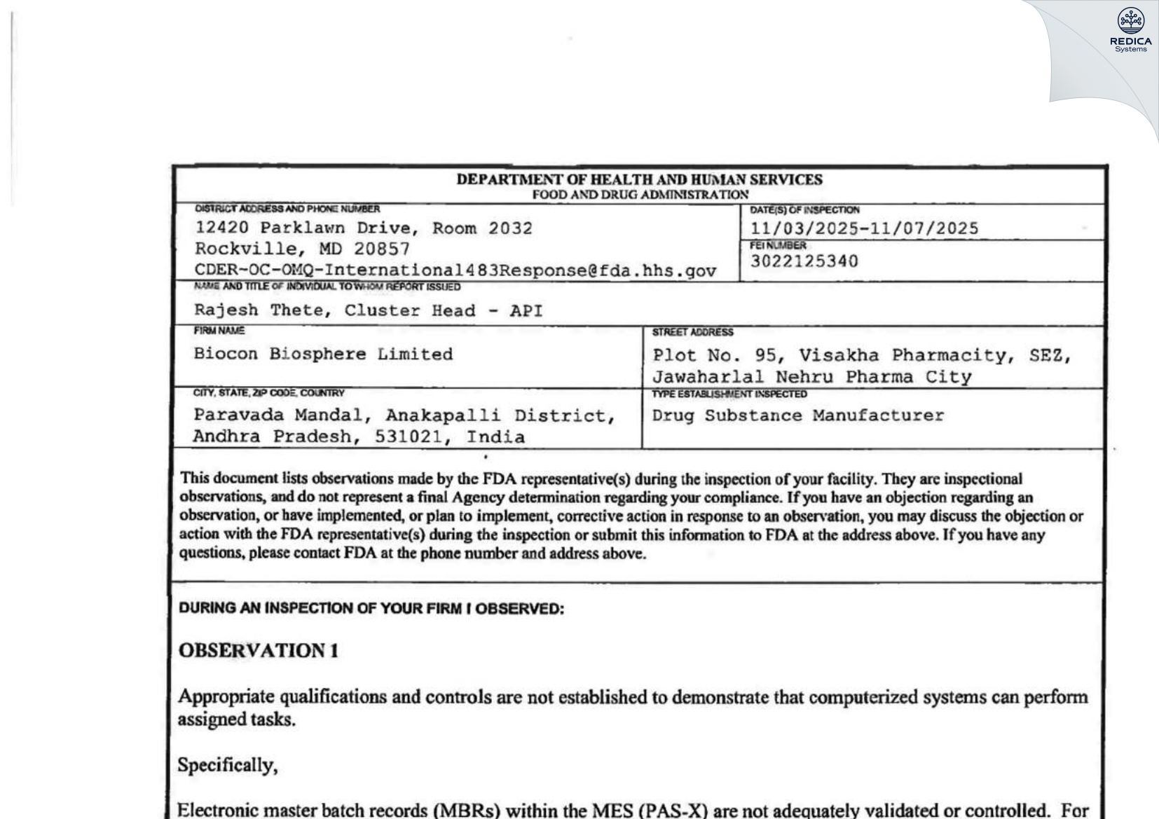FDA 483 - BIOCON BIOSPHERE LIMITED [Paravada / India] - Download PDF - Redica Systems