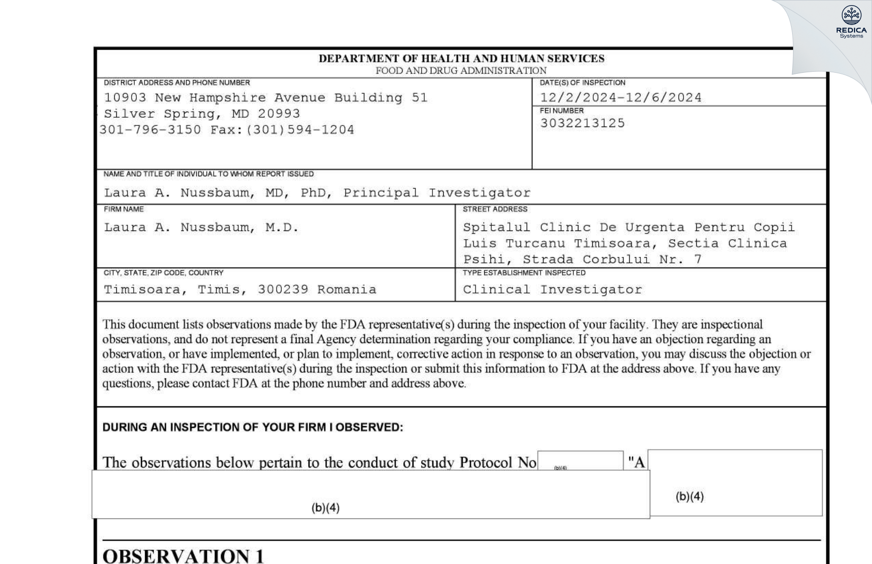 FDA 483 - Laura A. Nussbaum, M.D. [Timi?oara / Romania] - Download PDF - Redica Systems