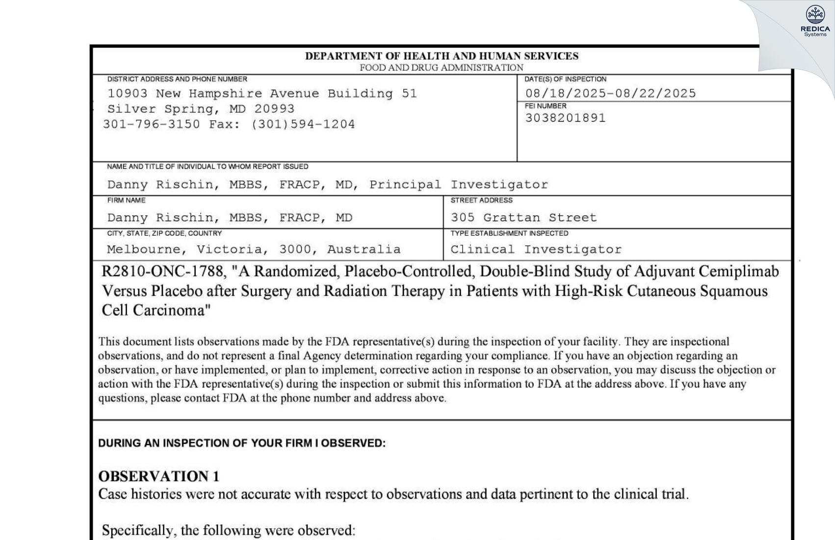 FDA 483 - Danny Rischin, MD [Melbourne / Australia] - Download PDF - Redica Systems