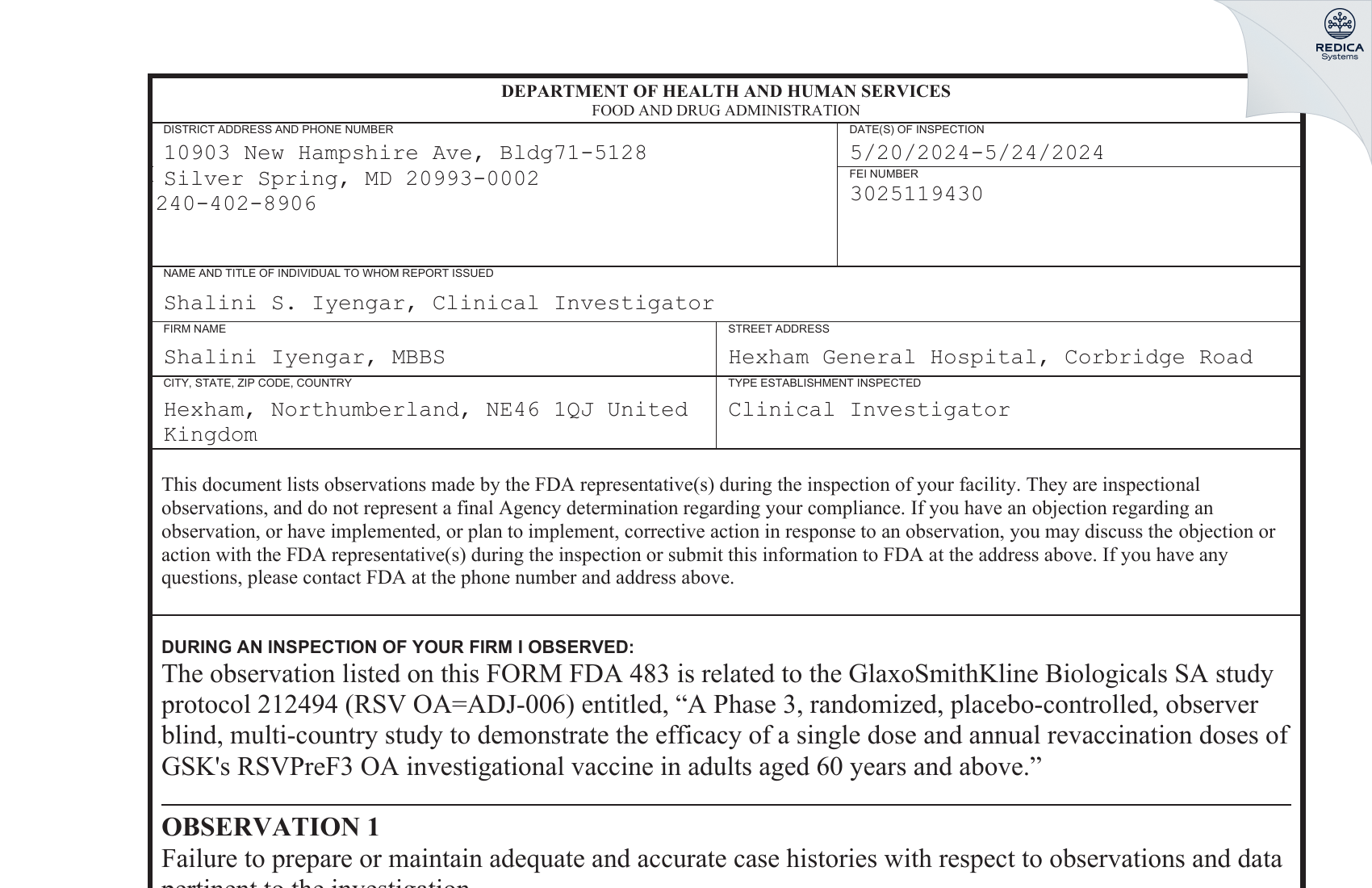 FDA 483 - Shalini Iyengar, MBBS [Hexham / United Kingdom of Great Britain and Northern Ireland] - Download PDF - Redica Systems