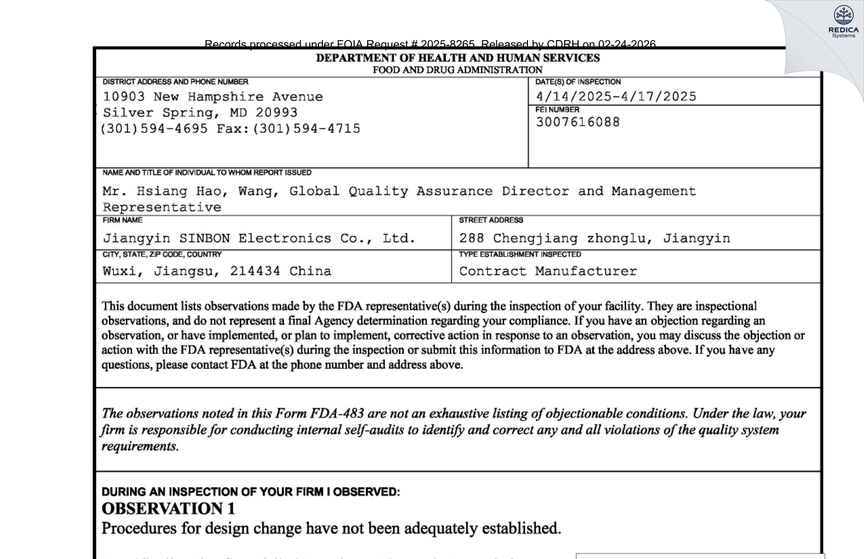 FDA 483 - Jiangyin SINBON Electronics Co., Ltd. [Jiangyin / China] - Download PDF - Redica Systems