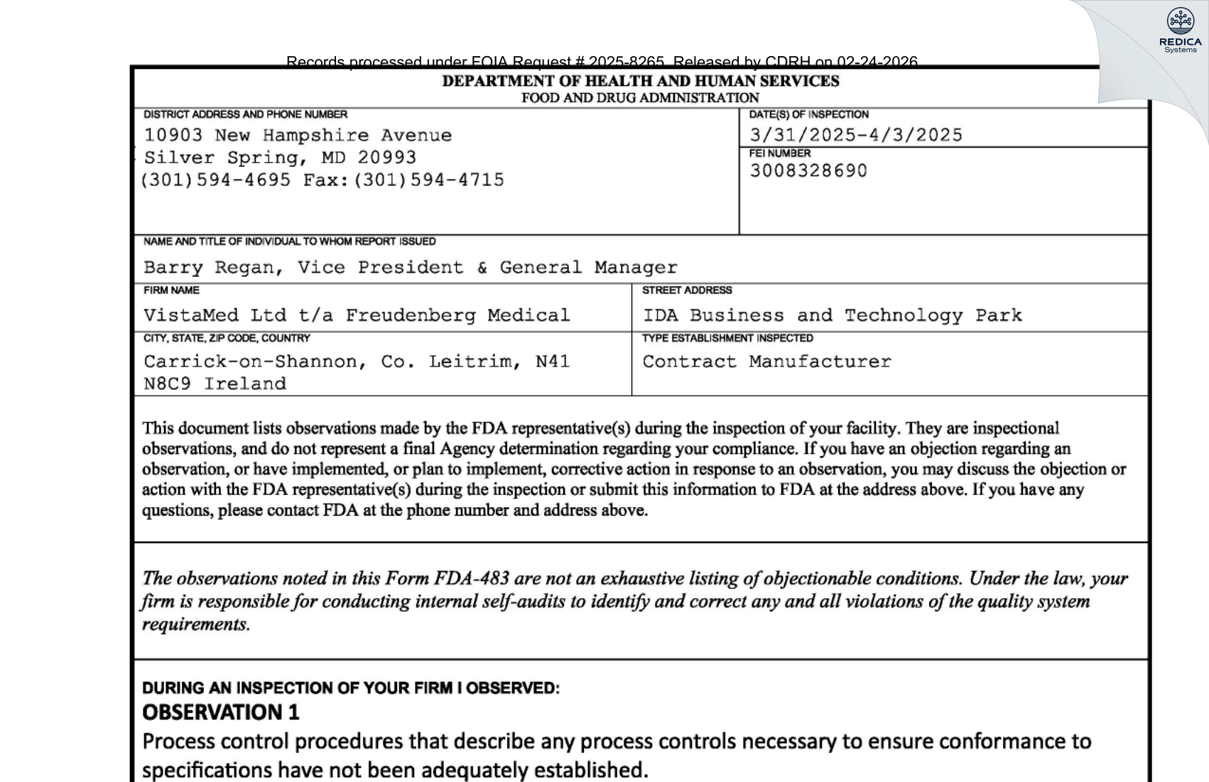 FDA 483 - Vistamed Ltd [Shannon / Ireland] - Download PDF - Redica Systems