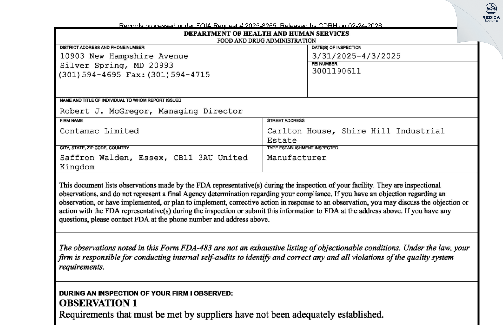 FDA 483 - CONTAMAC LTD. [Uttlesford / United Kingdom of Great Britain and Northern Ireland] - Download PDF - Redica Systems