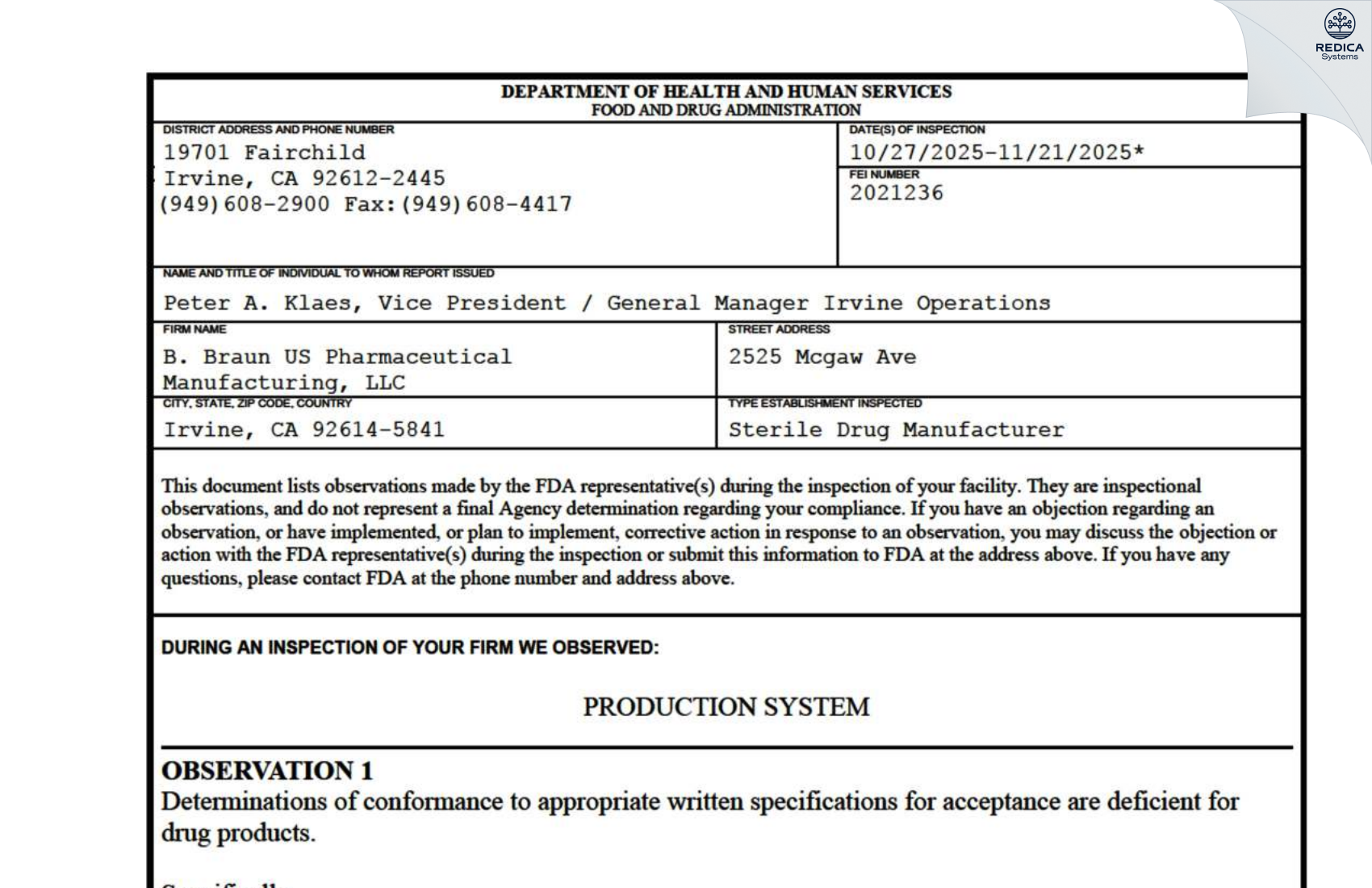 FDA 483 - B. Braun Medical Inc. [Irvine / United States of America] - Download PDF - Redica Systems