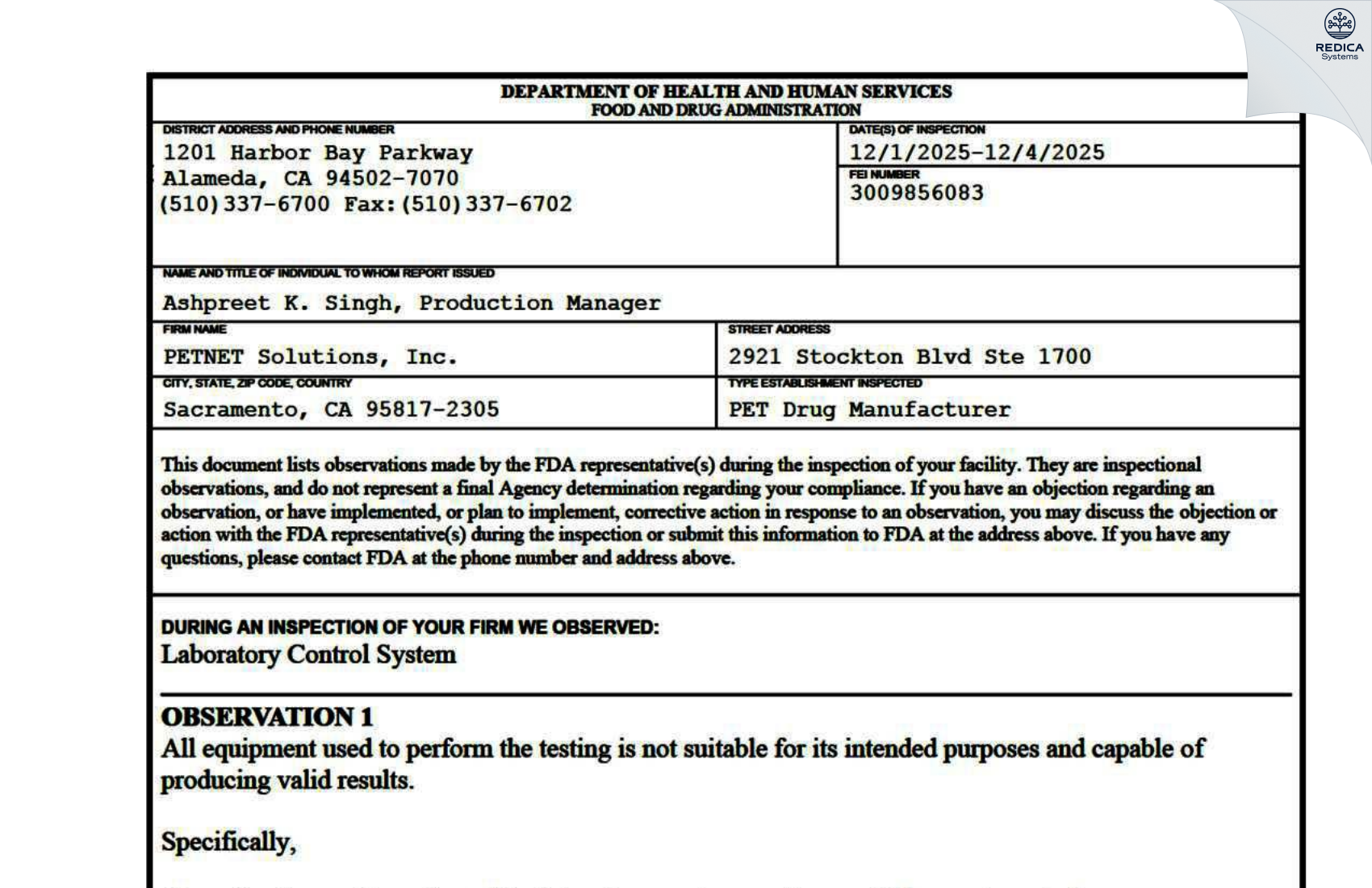 FDA 483 - PETNET SOLUTIONS, INC. [Sacramento / United States of America] - Download PDF - Redica Systems