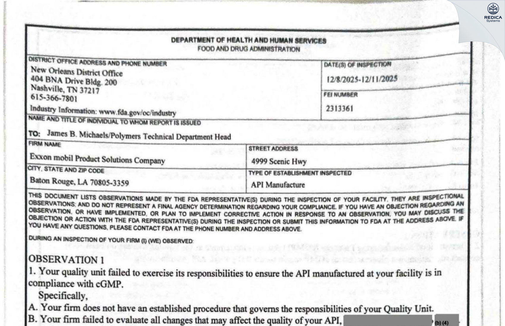FDA 483 - Exxonmobil Product Solutions Company [Baton Rouge / United States of America] - Download PDF - Redica Systems