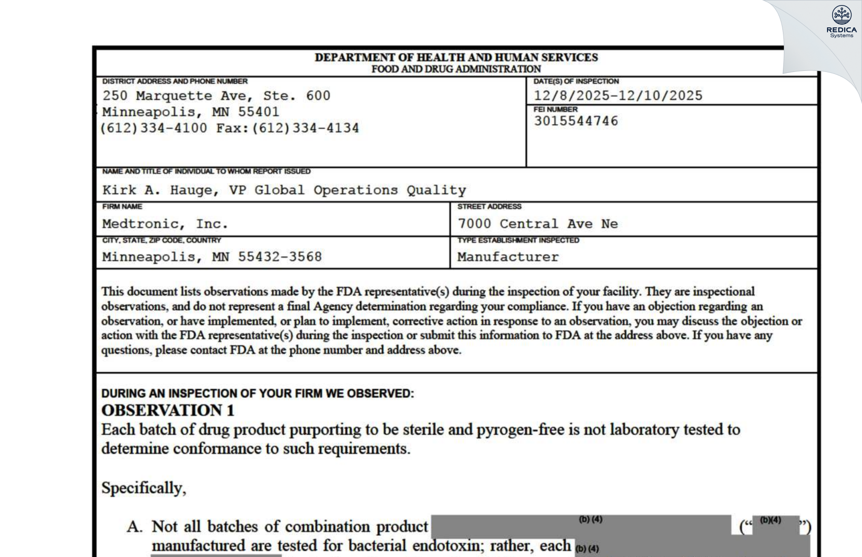 FDA 483 - Medtronic, Inc. [Minneapolis / United States of America] - Download PDF - Redica Systems