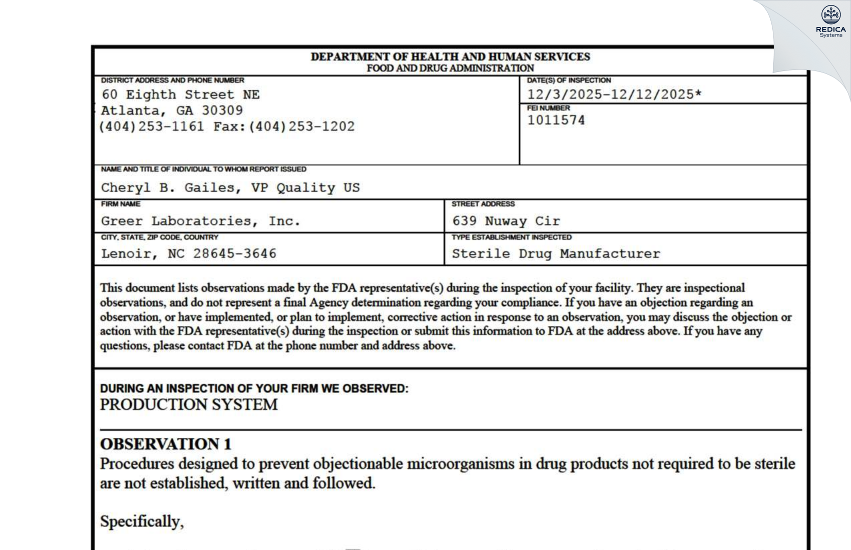 FDA 483 - Greer Laboratories, Inc. [Lenoir / United States of America] - Download PDF - Redica Systems