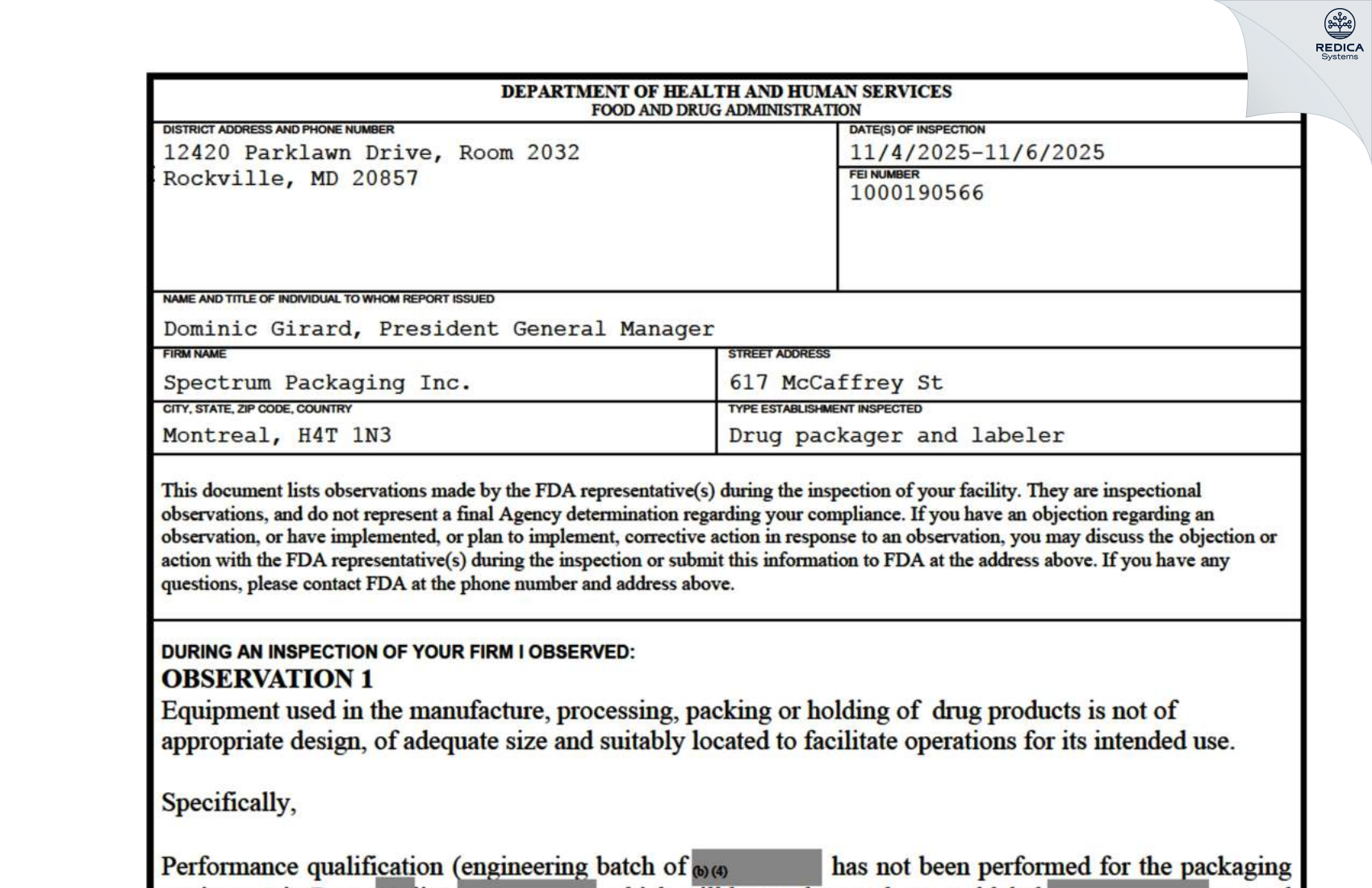 FDA 483 - Emballages Spectrum Inc. [Saint-Laurent / Canada] - Download PDF - Redica Systems