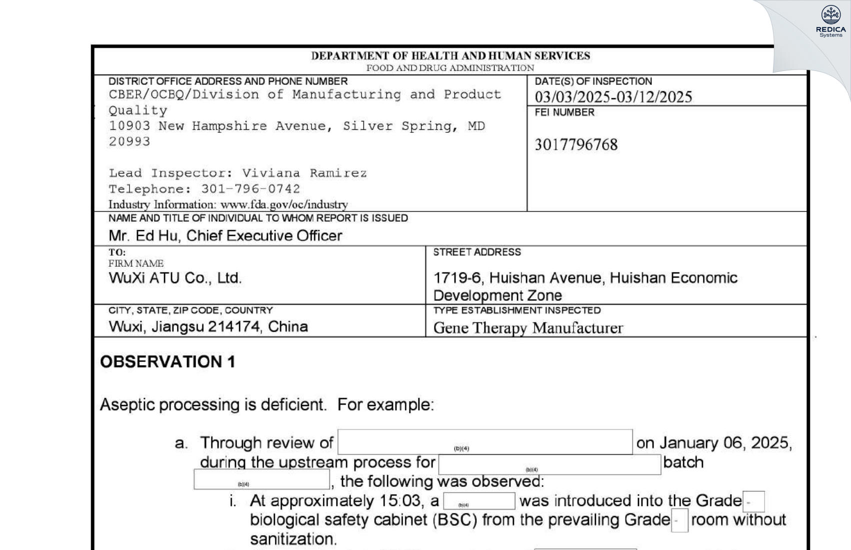 FDA 483 - WuXi ATU Co., Ltd. [Wuxi / China] - Download PDF - Redica Systems