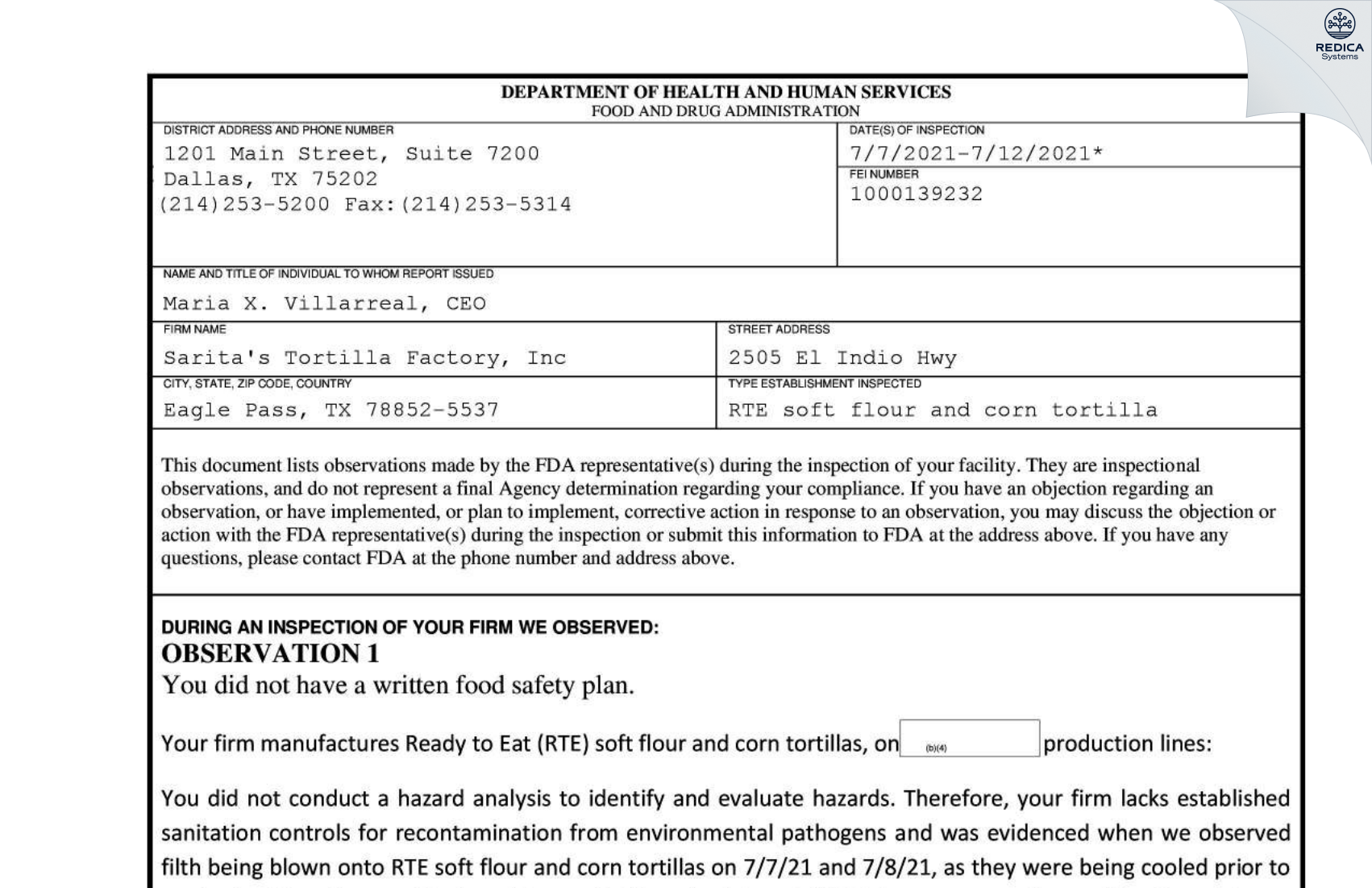 FDA 483 - Sarita's Tortilla Factory, Inc [Eagle Pass / United States of America] - Download PDF - Redica Systems
