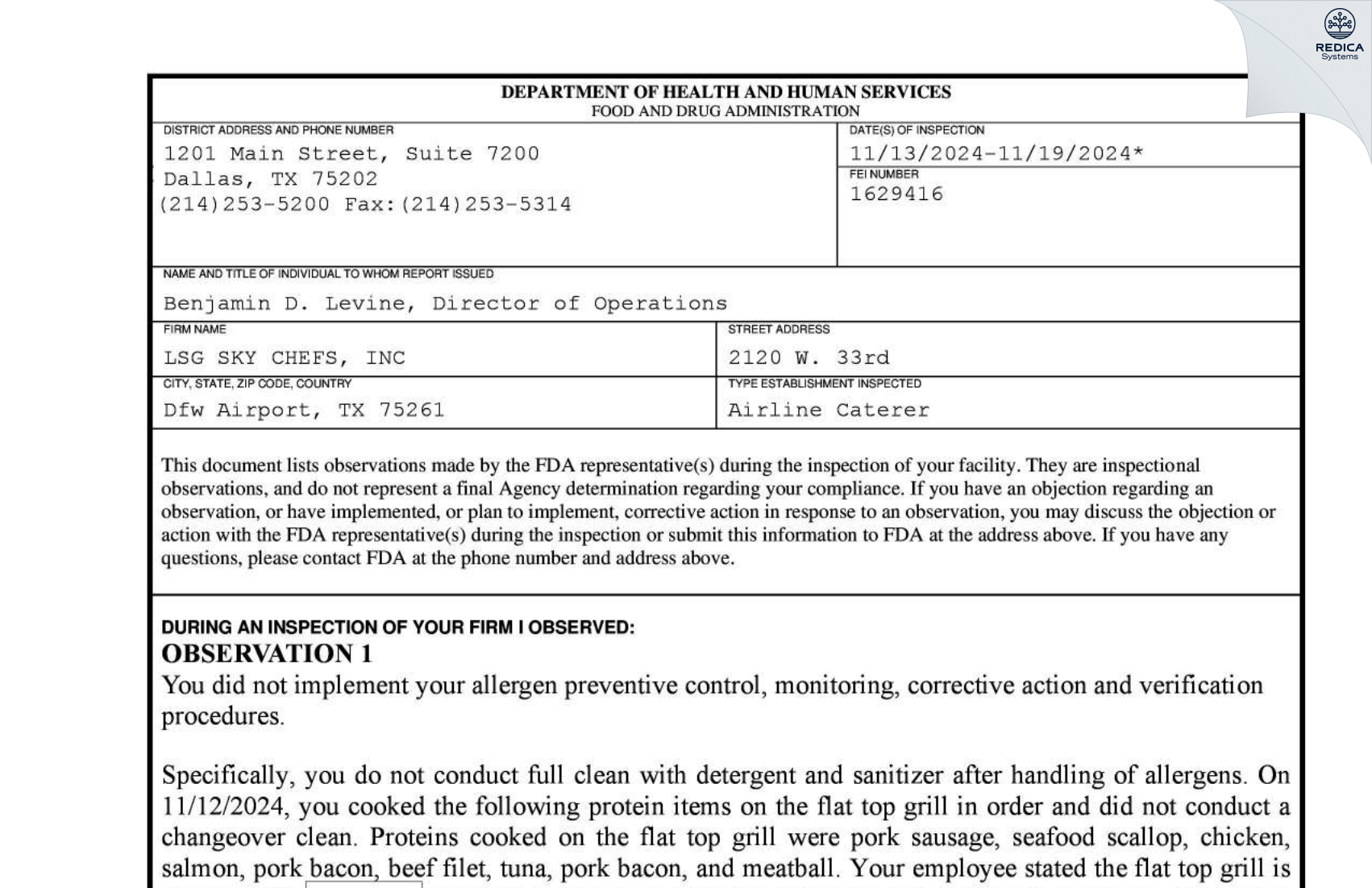 FDA 483 - LSG SKY CHEFS, INC [Dallas / United States of America] - Download PDF - Redica Systems