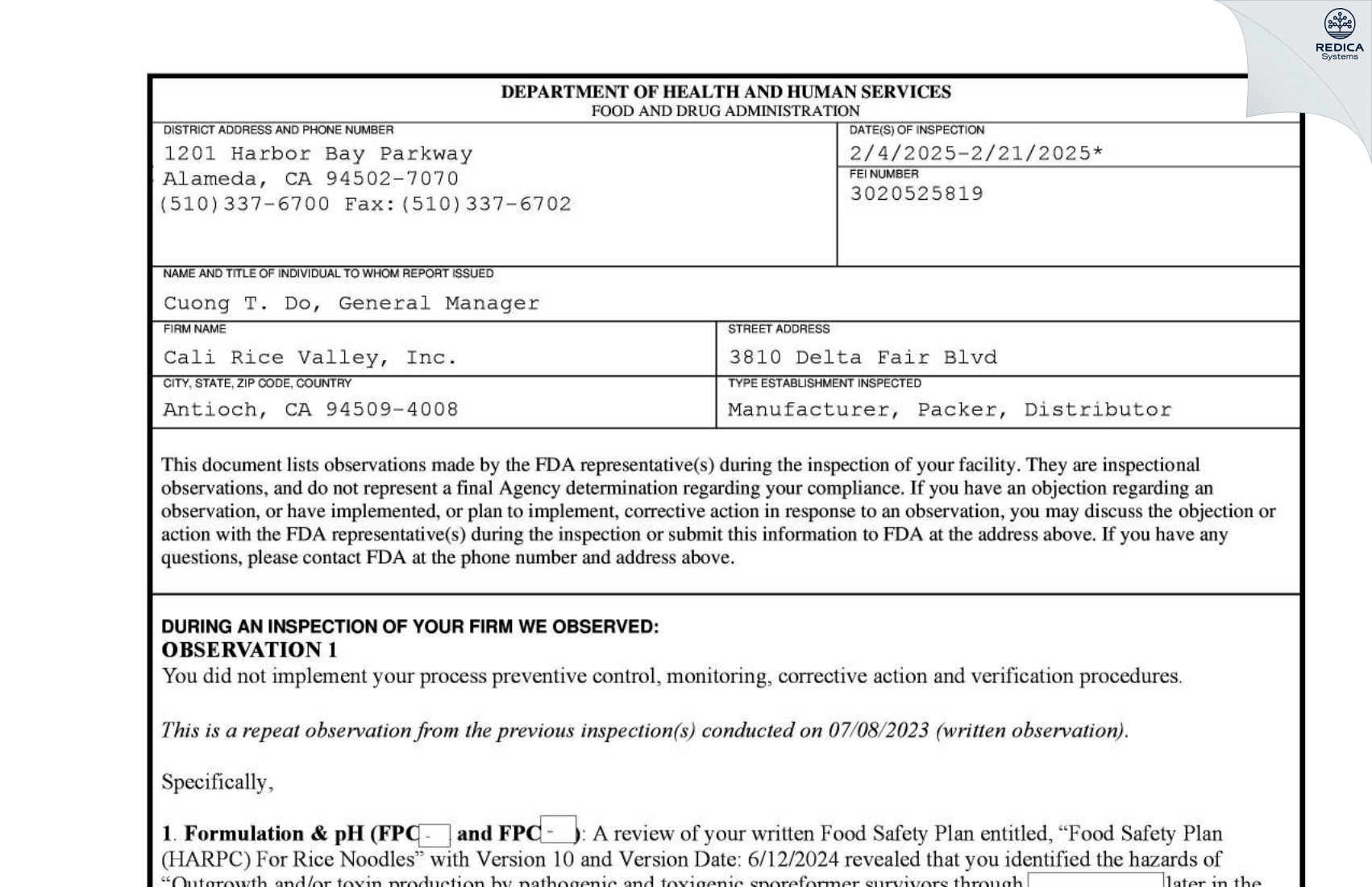 FDA 483 - Cali Rice Valley, Inc. [Antioch / United States of America] - Download PDF - Redica Systems