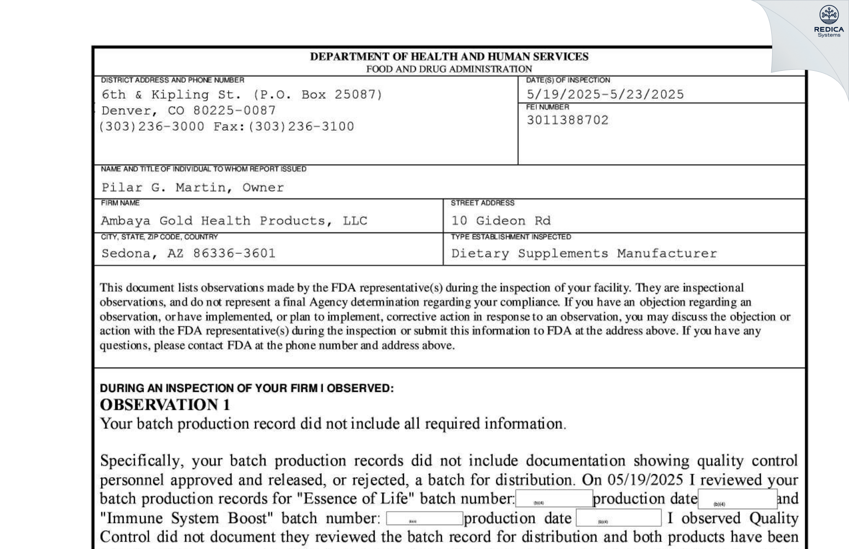 FDA 483 - Ambaya Gold Health Products [Sedona / United States of America] - Download PDF - Redica Systems