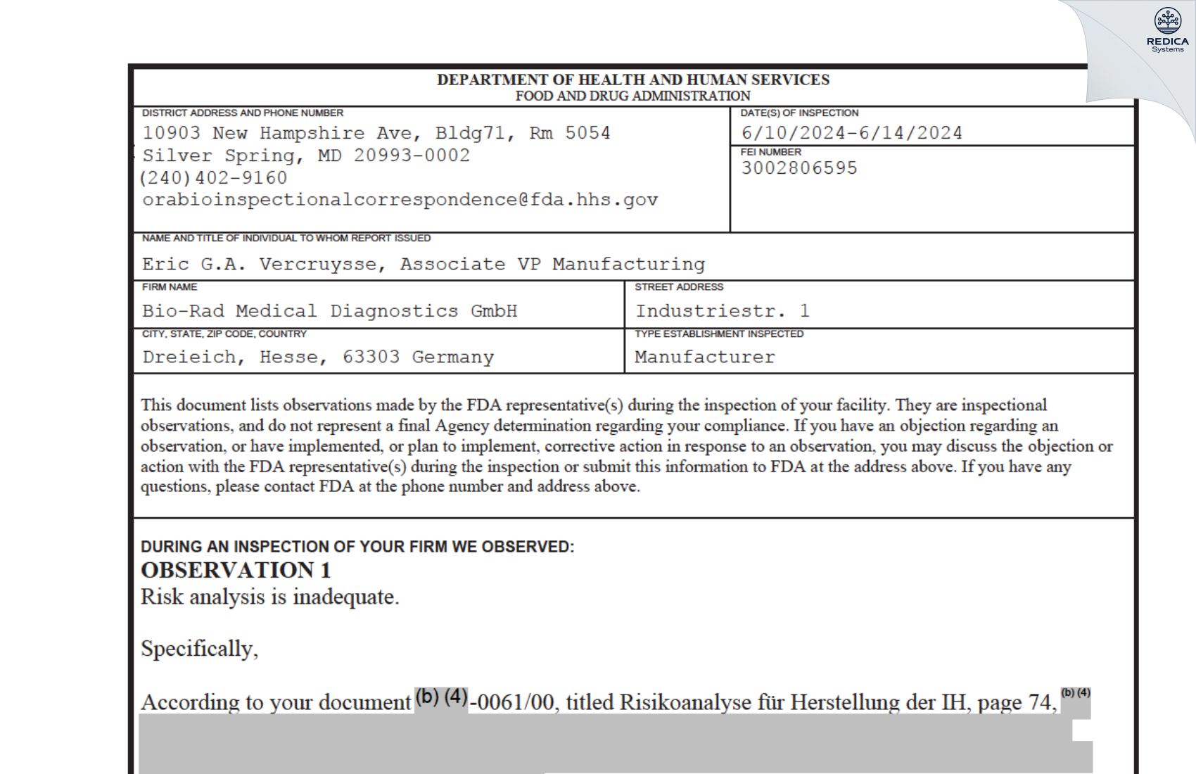FDA 483 - Bio-Rad Medical Diagnostics GmbH [Dreieich / Germany] - Download PDF - Redica Systems