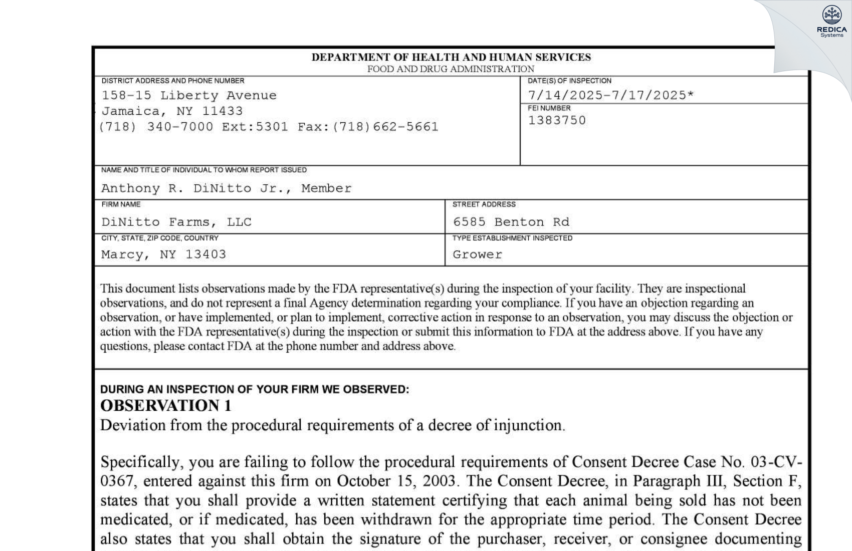 FDA 483 - DiNitto Farms, LLC [Marcy / United States of America] - Download PDF - Redica Systems