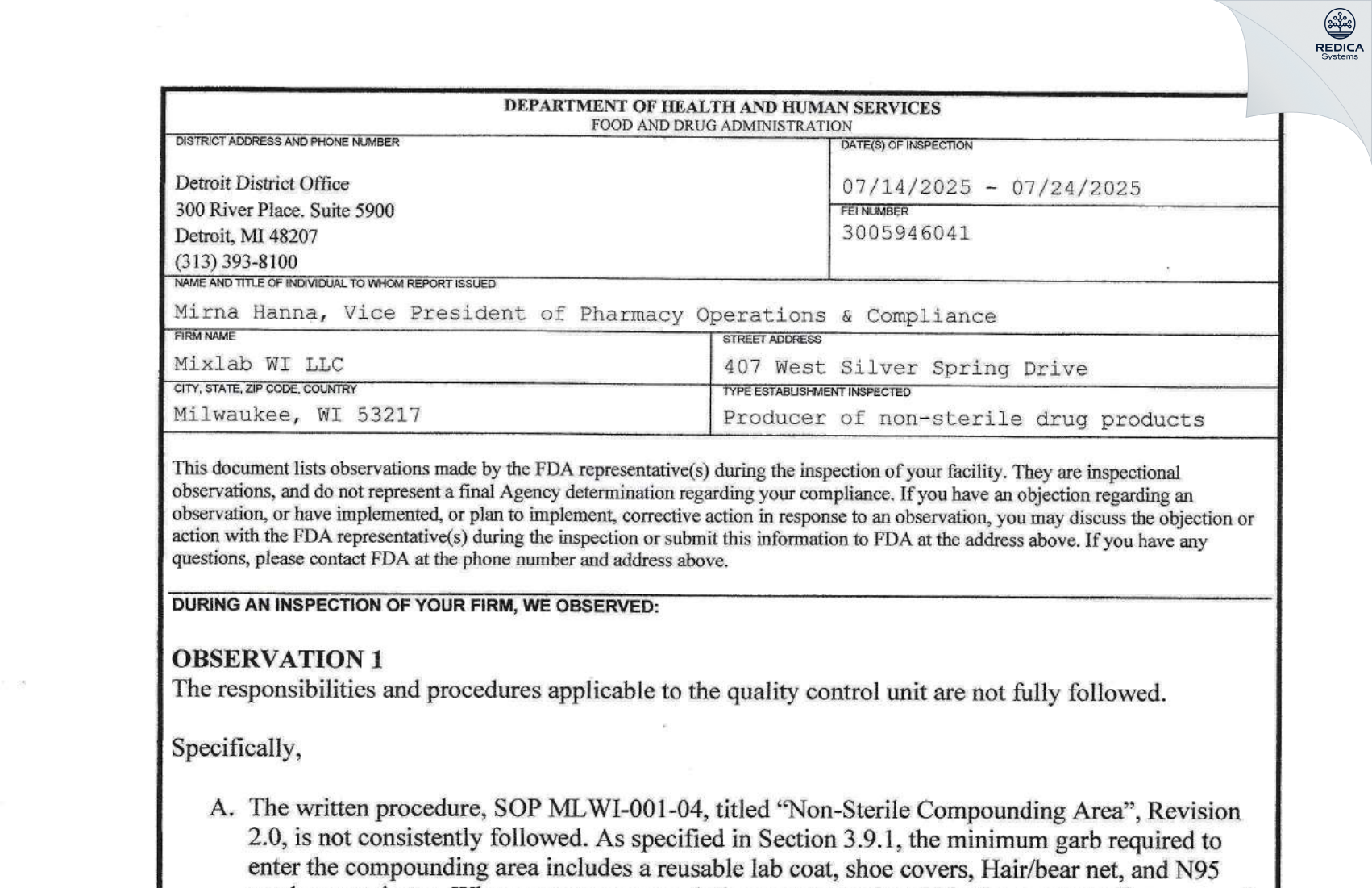 FDA 483 - Pet Apothecary Llc [Milwaukee / United States of America] - Download PDF - Redica Systems
