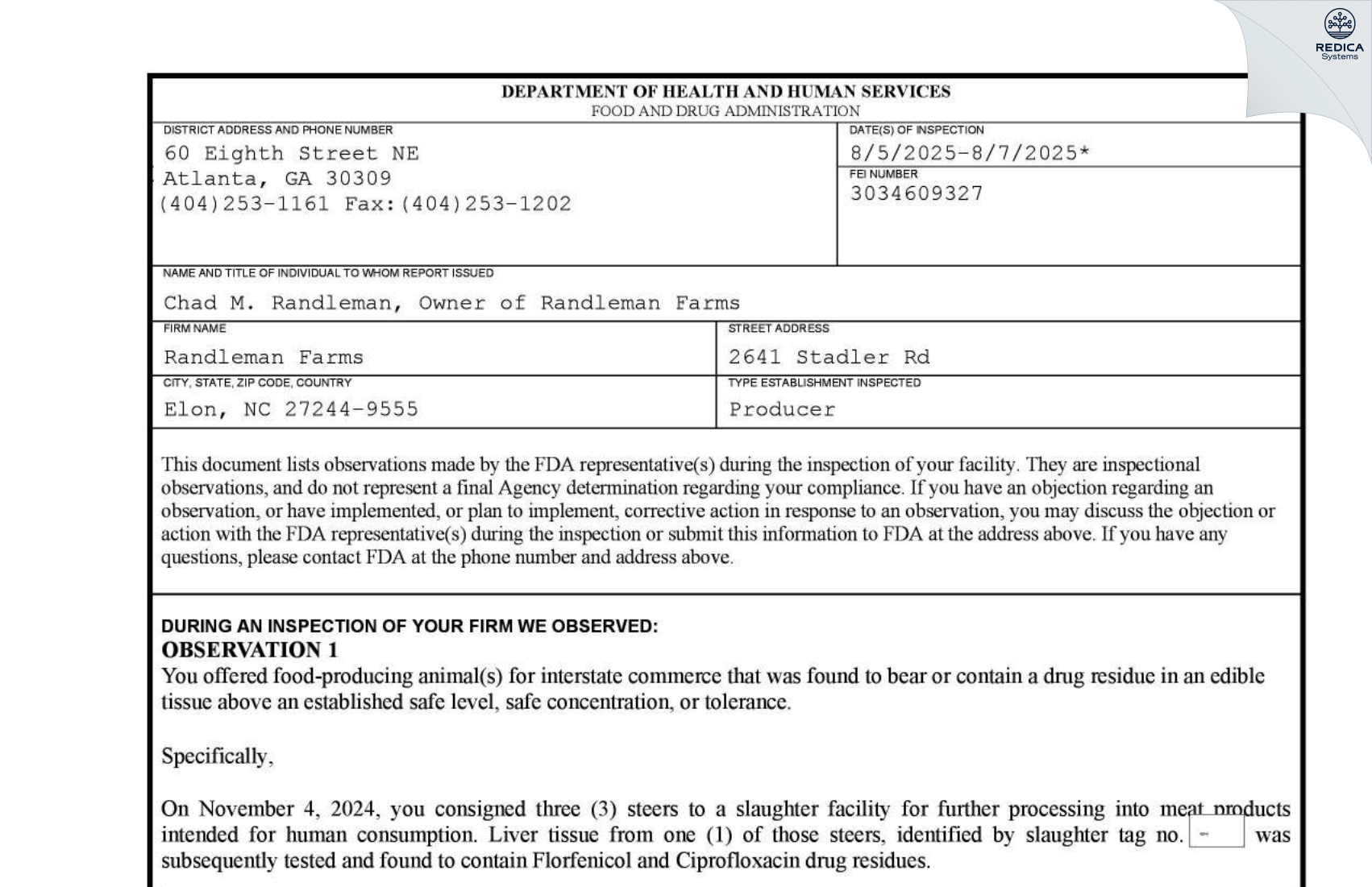 FDA 483 - Randleman Farms [Elon / United States of America] - Download PDF - Redica Systems