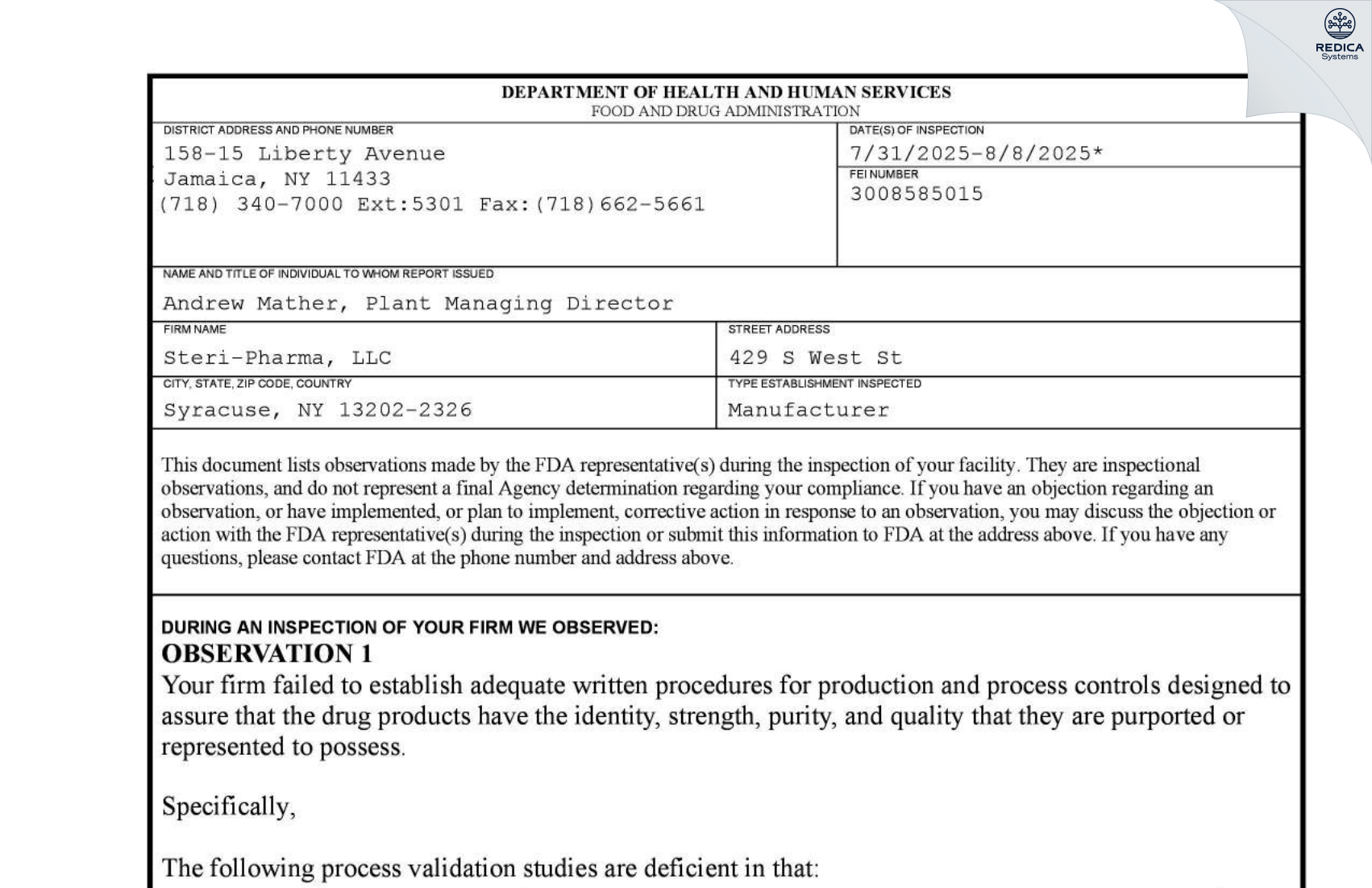 FDA 483 - Steri-Pharma LLC [Syracuse / United States of America] - Download PDF - Redica Systems