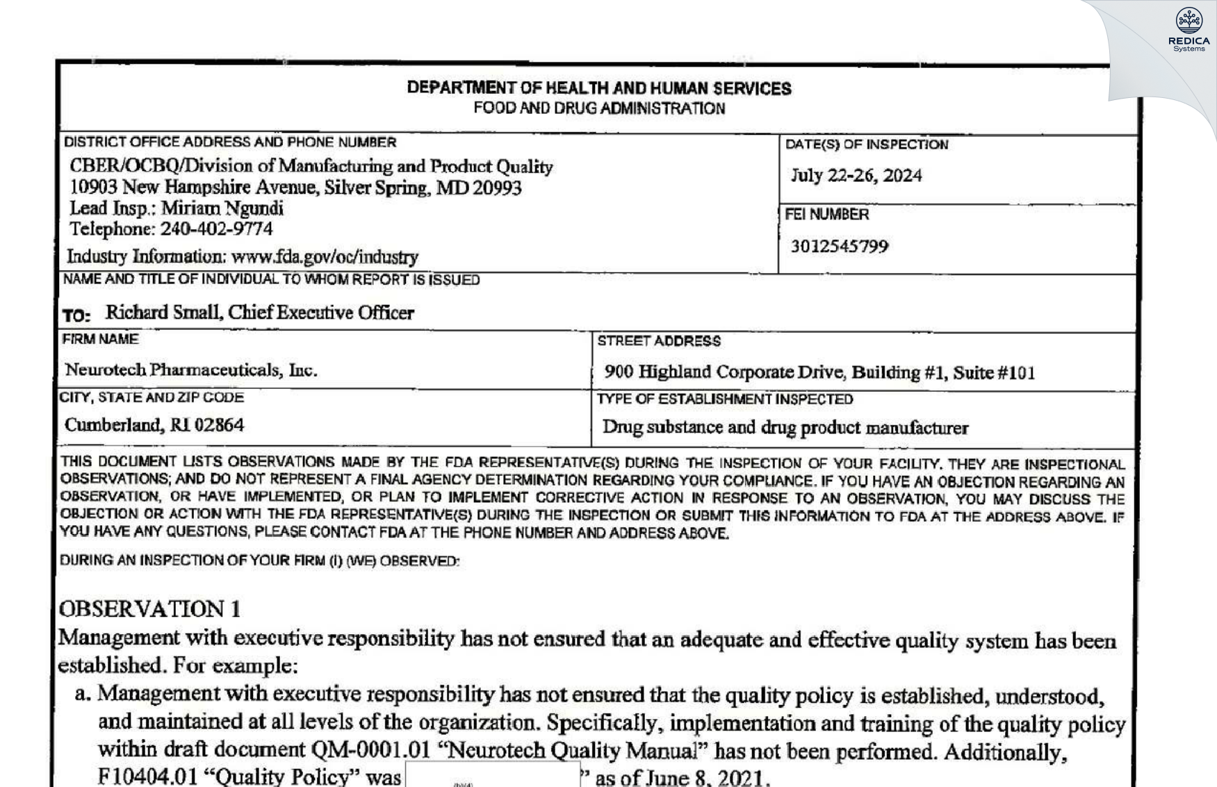 FDA 483 - Neurotech Pharmaceuticals, inc. [Cumberland / United States of America] - Download PDF - Redica Systems
