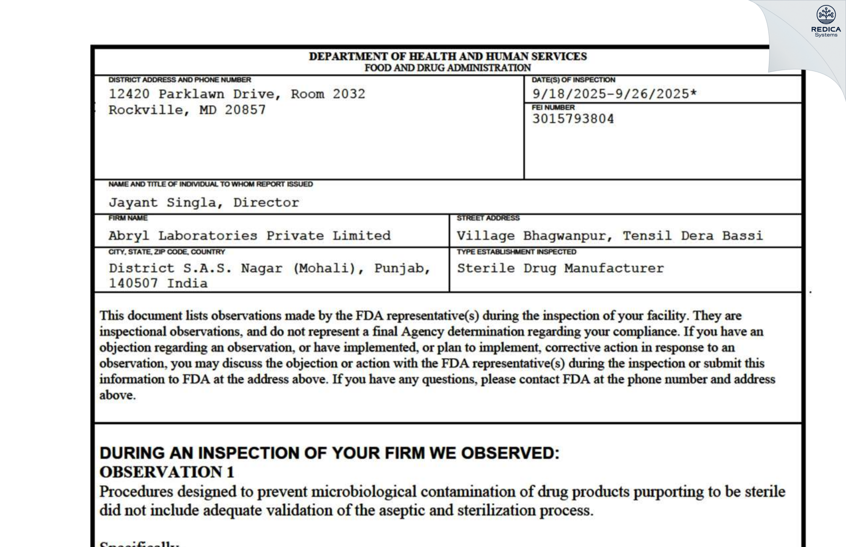 FDA 483 - ABRYL LABORATORIES PRIVATE LIMITED [Derabassi Sub-District / India] - Download PDF - Redica Systems