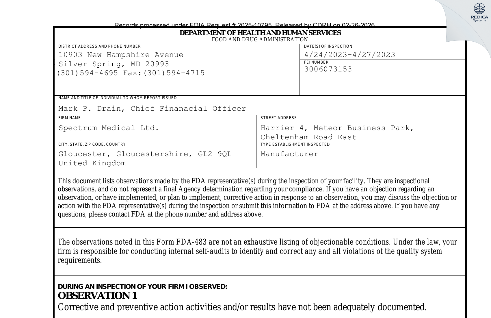 FDA 483 - Spectrum Medical Ltd. [Gloucester / United Kingdom of Great Britain and Northern Ireland] - Download PDF - Redica Systems