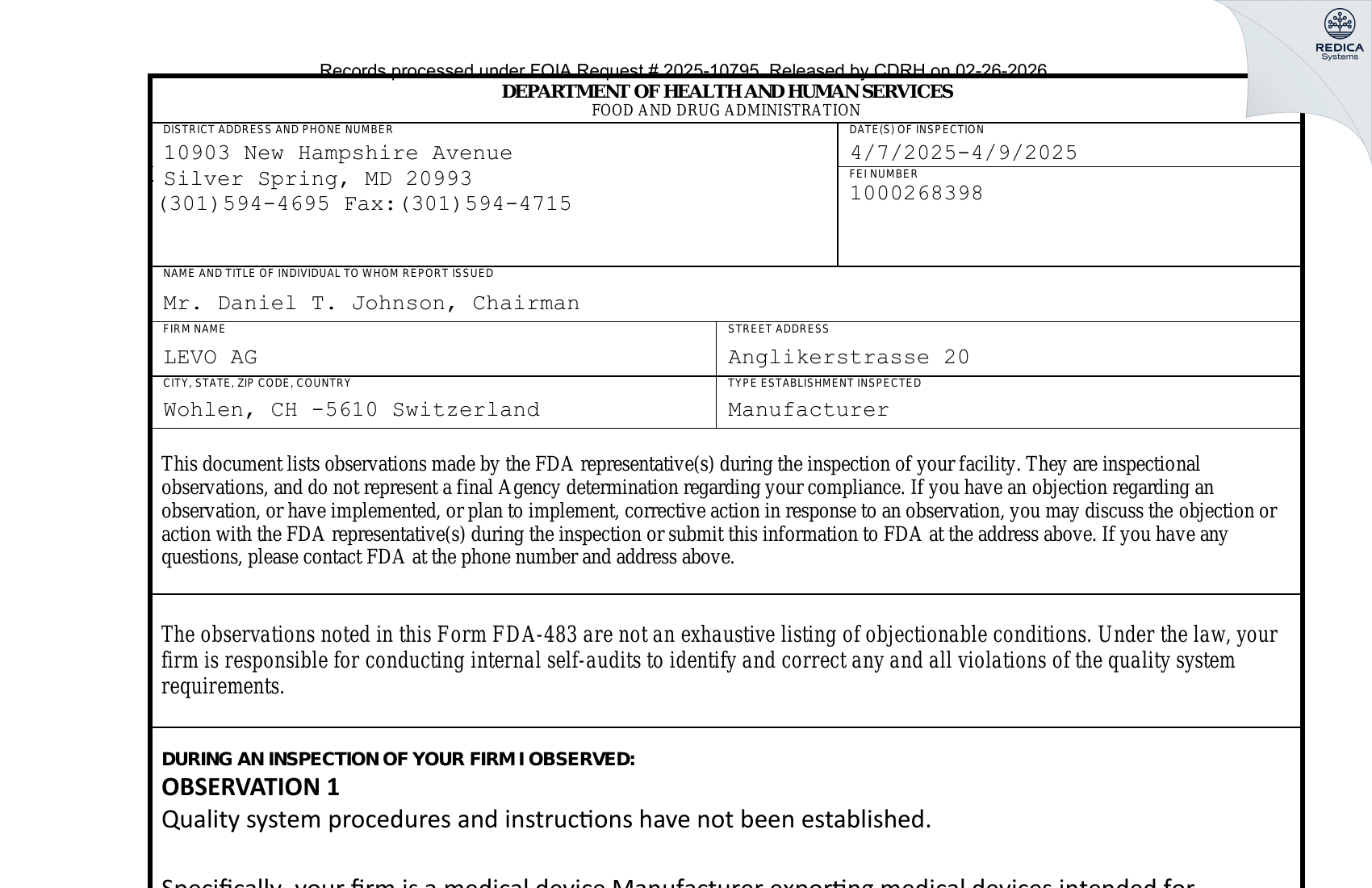FDA 483 - LEVO AG [Wohlen / Switzerland] - Download PDF - Redica Systems